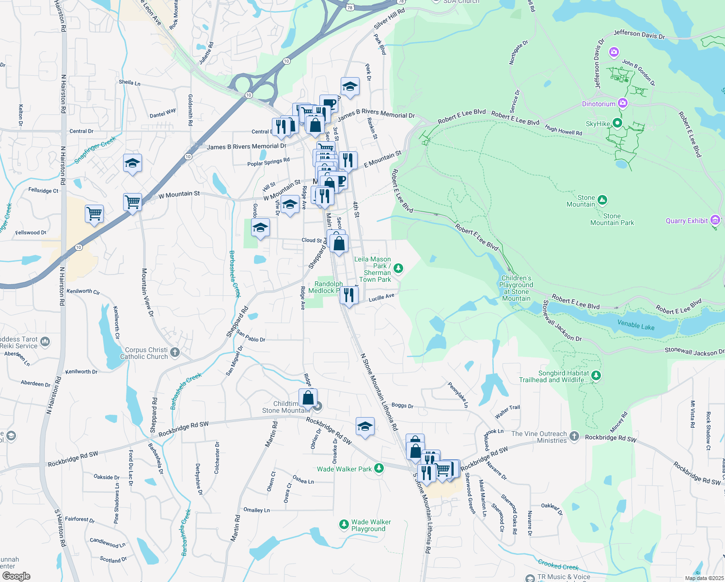 map of restaurants, bars, coffee shops, grocery stores, and more near 768 4th Street in Stone Mountain