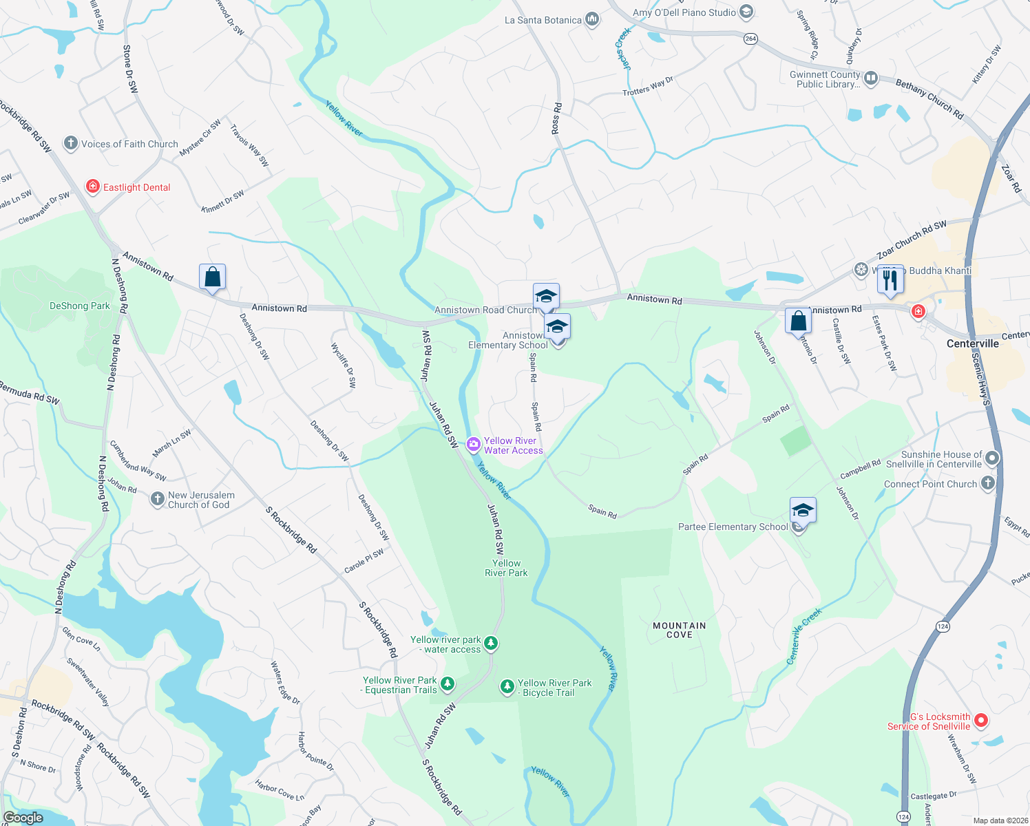 map of restaurants, bars, coffee shops, grocery stores, and more near 4885 Riversound Drive in Snellville
