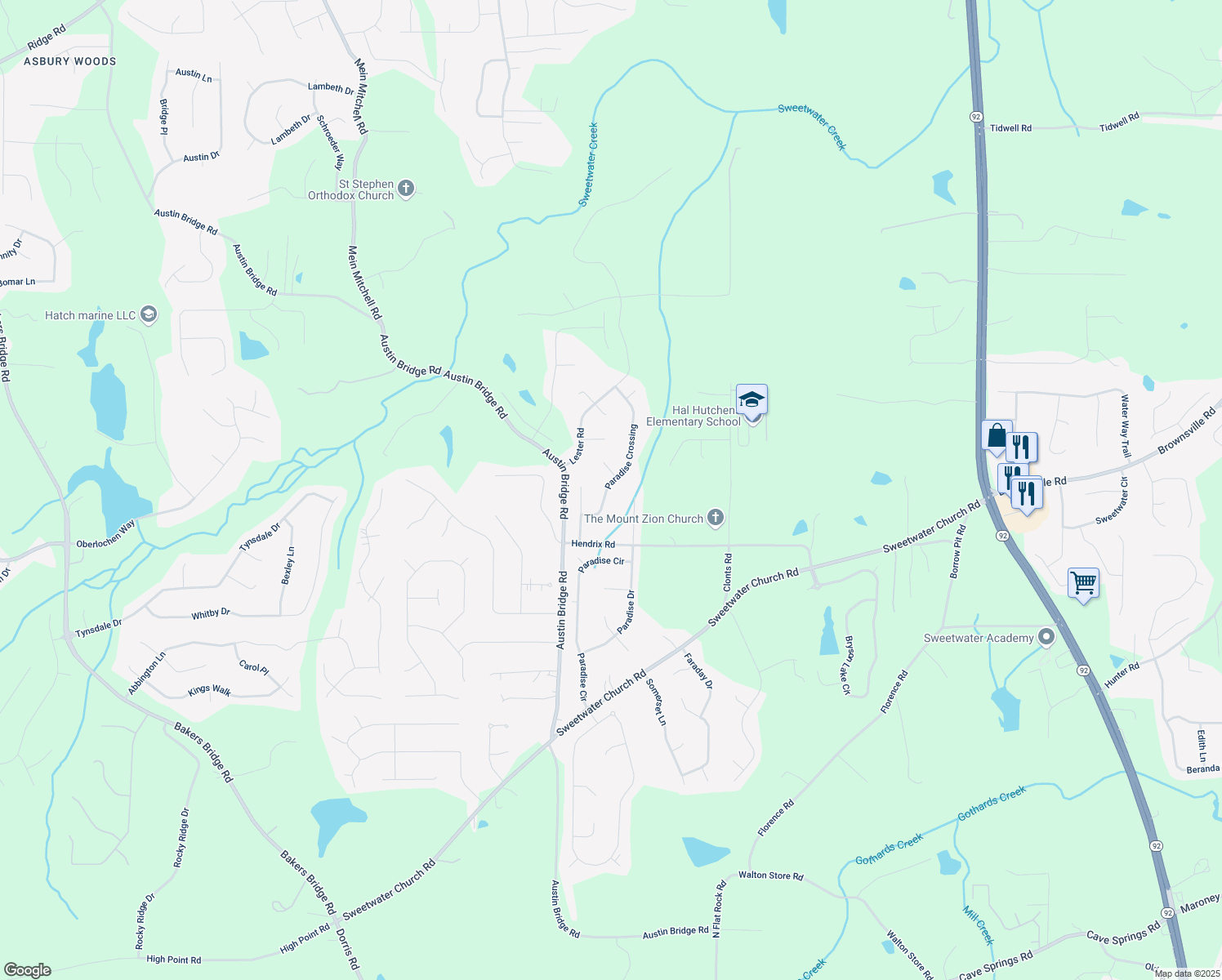 map of restaurants, bars, coffee shops, grocery stores, and more near 148 Paradise Crossing in Douglasville