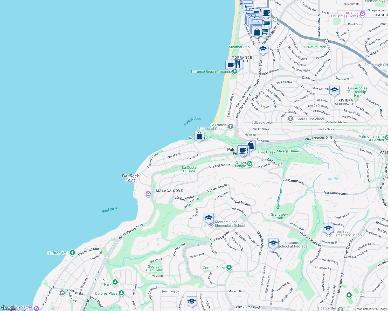 map of restaurants, bars, coffee shops, grocery stores, and more near 417 Vía Almar in Palos Verdes Estates