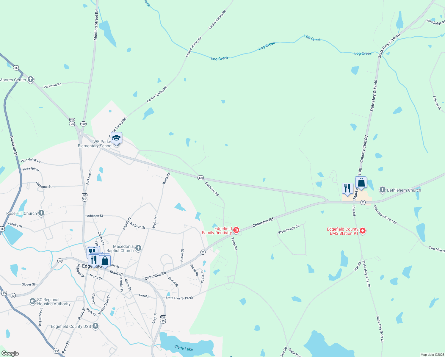 map of restaurants, bars, coffee shops, grocery stores, and more near 163 Crest Road in Edgefield