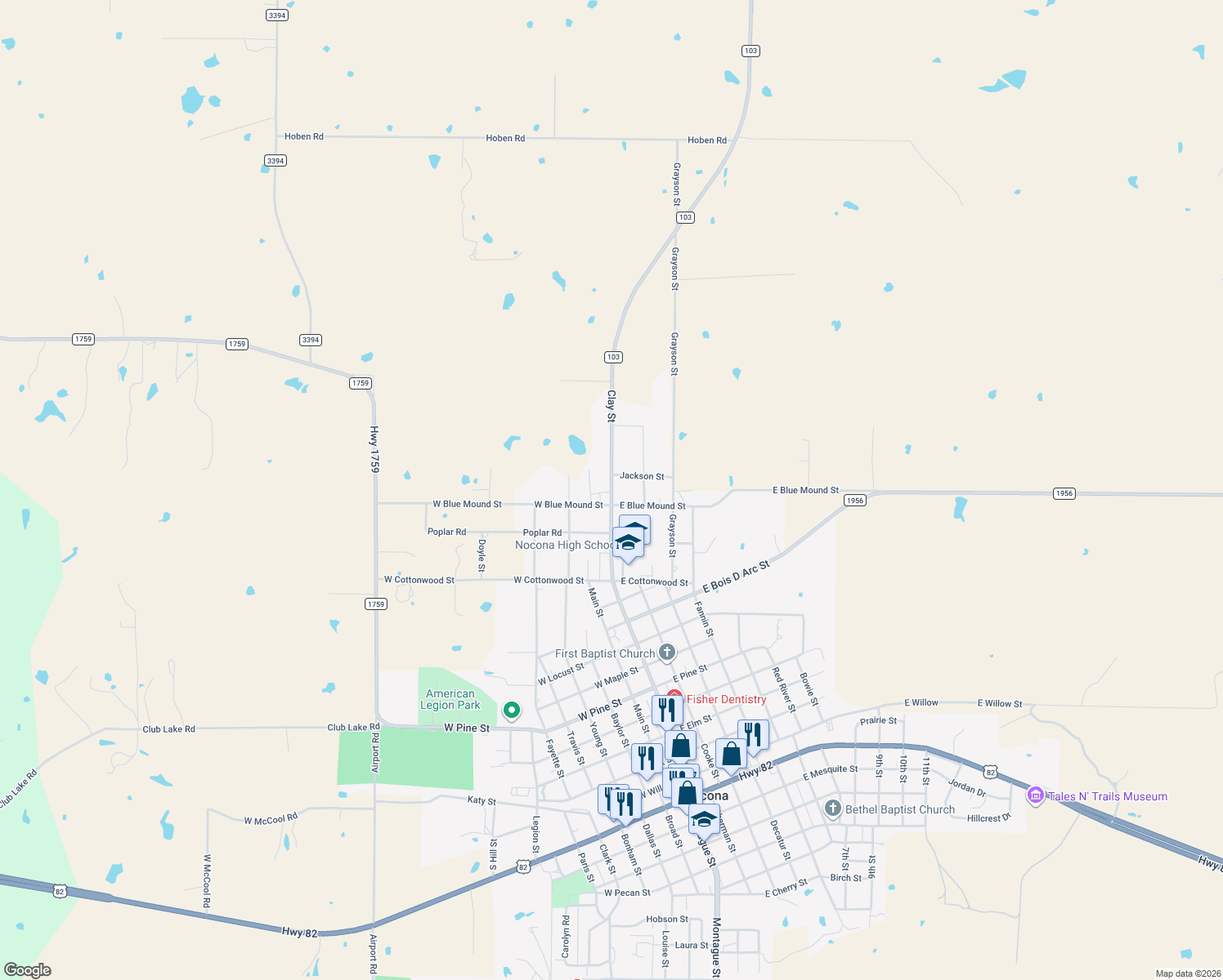 map of restaurants, bars, coffee shops, grocery stores, and more near 1222 Clay St in Nocona