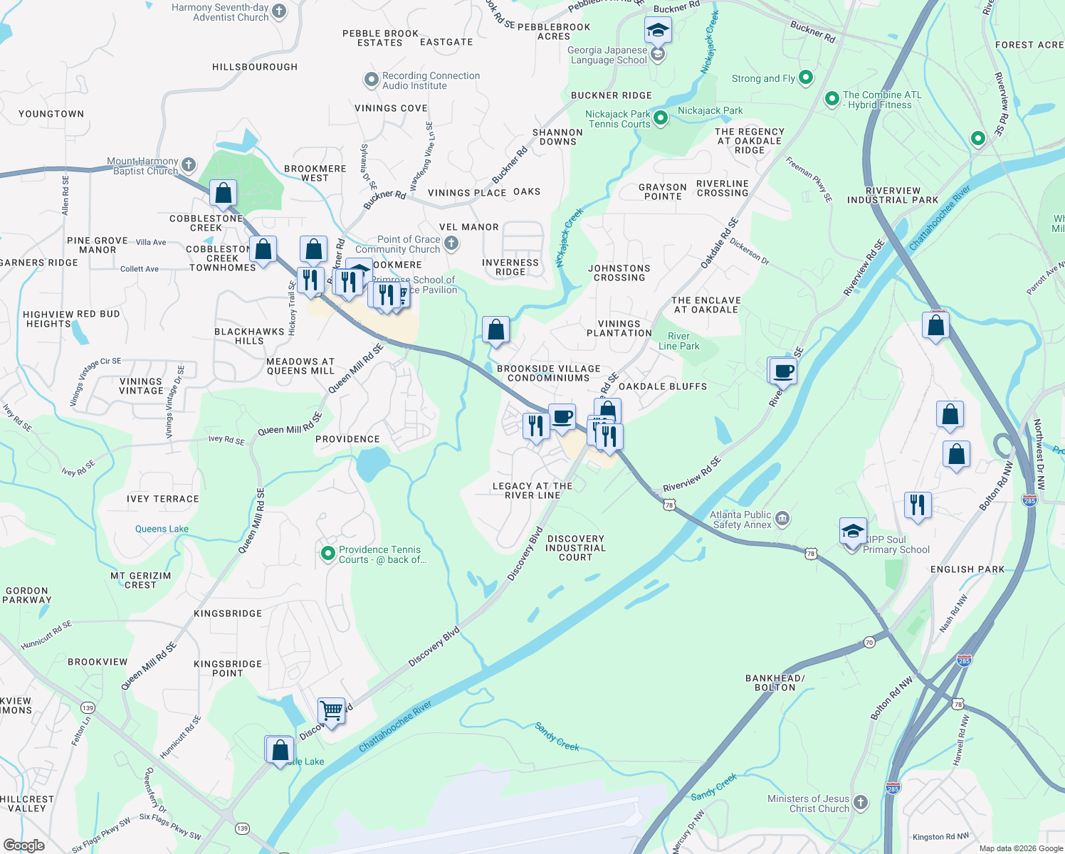 map of restaurants, bars, coffee shops, grocery stores, and more near 1278 Discover Green Lane in Mableton