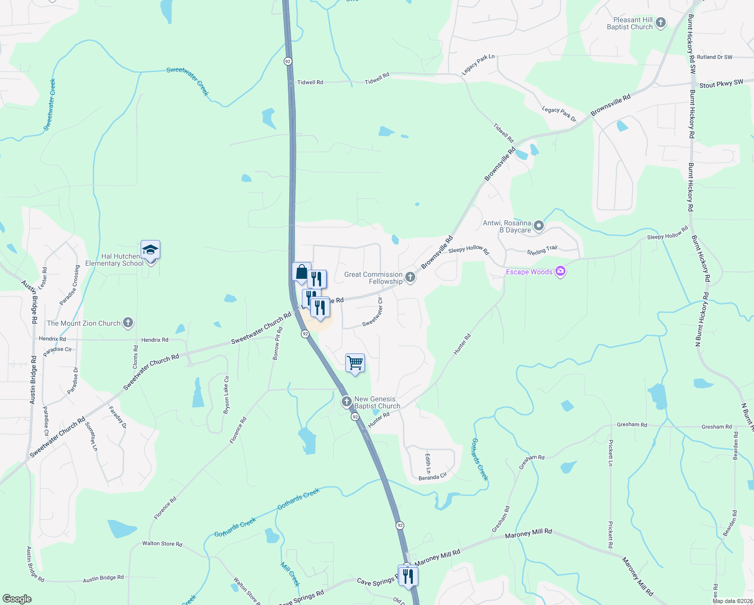 map of restaurants, bars, coffee shops, grocery stores, and more near 14 Sweetwater Pl in Powder Springs