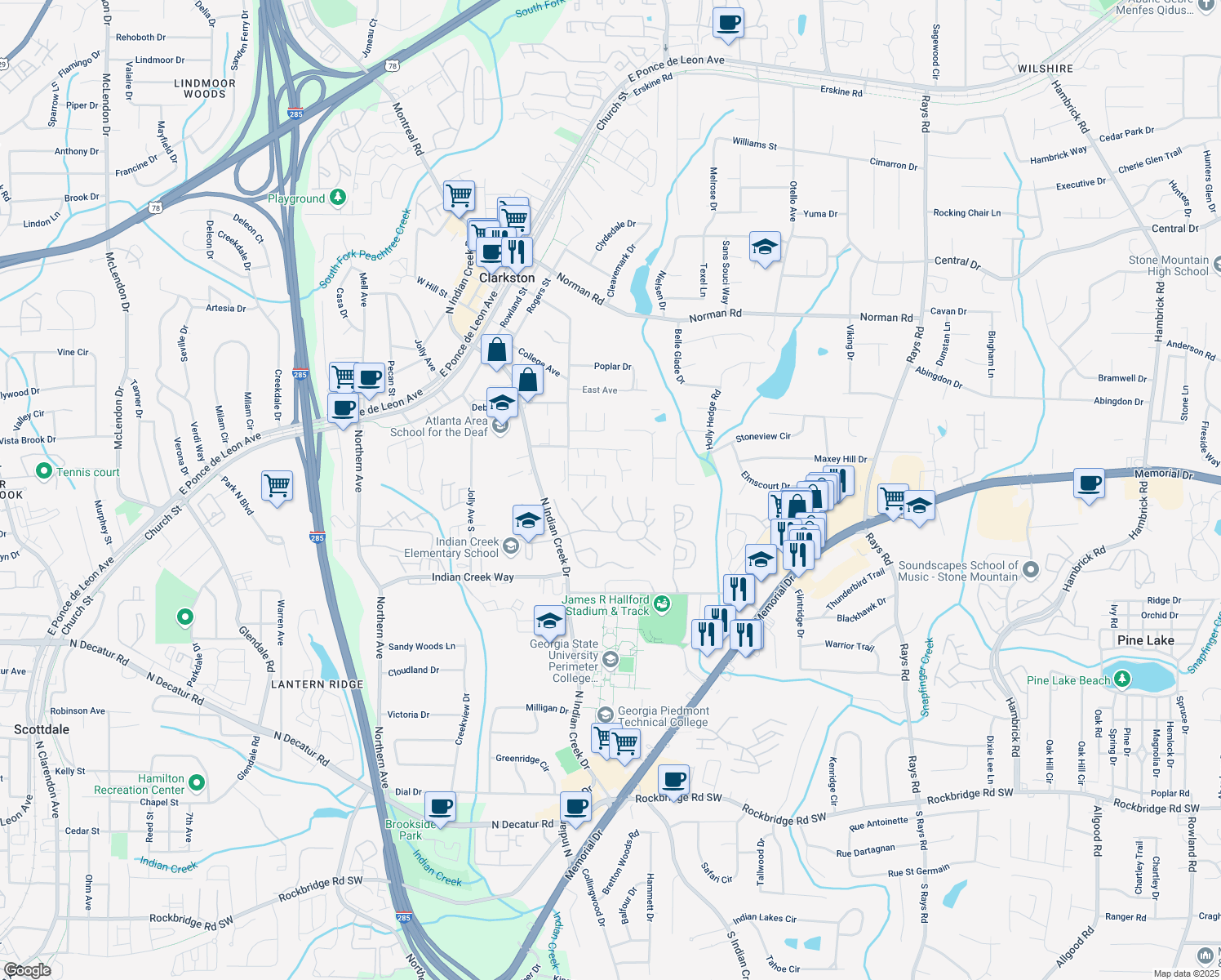 map of restaurants, bars, coffee shops, grocery stores, and more near 3800 Market Walk in Clarkston