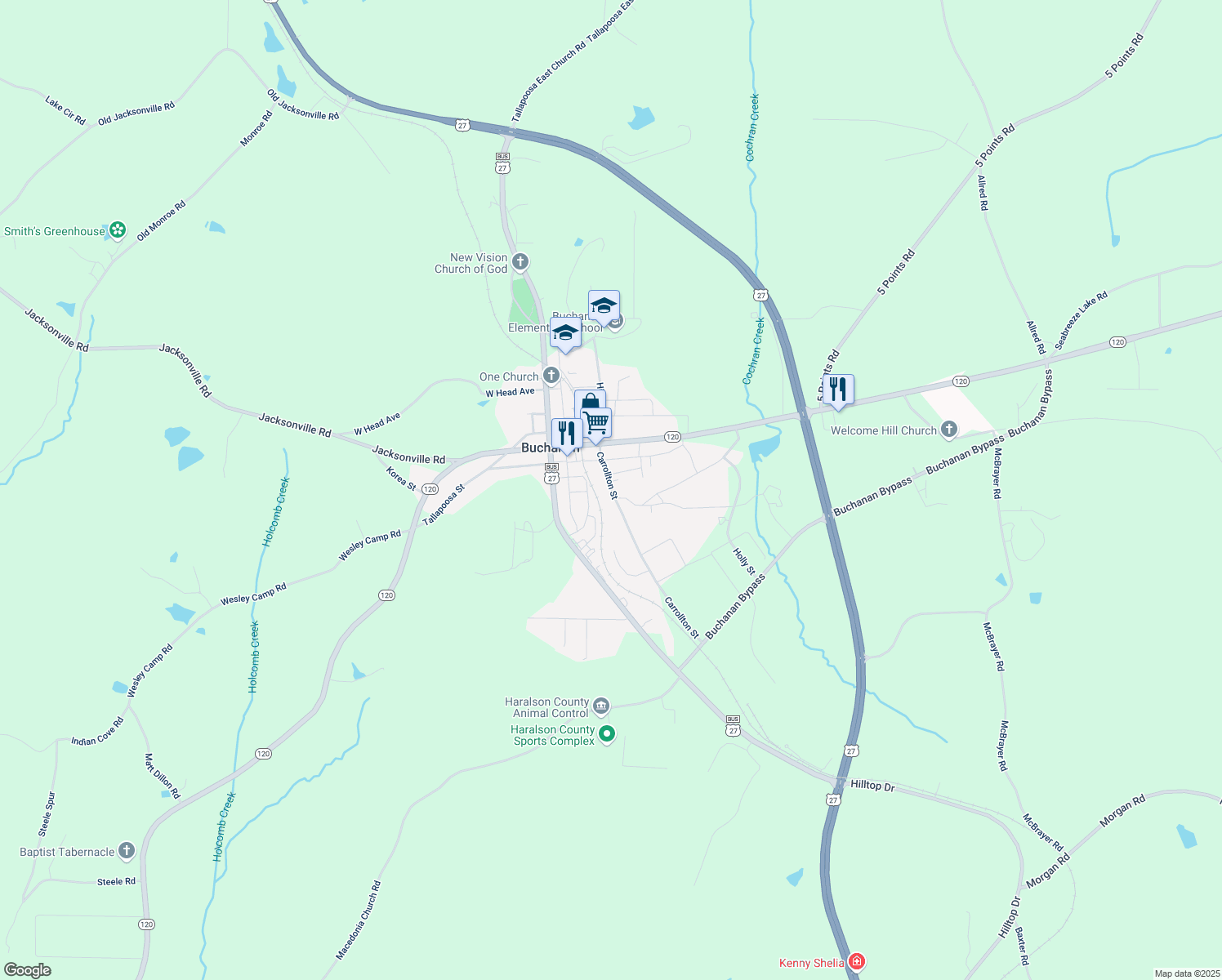 map of restaurants, bars, coffee shops, grocery stores, and more near 284 Carrollton Street in Buchanan