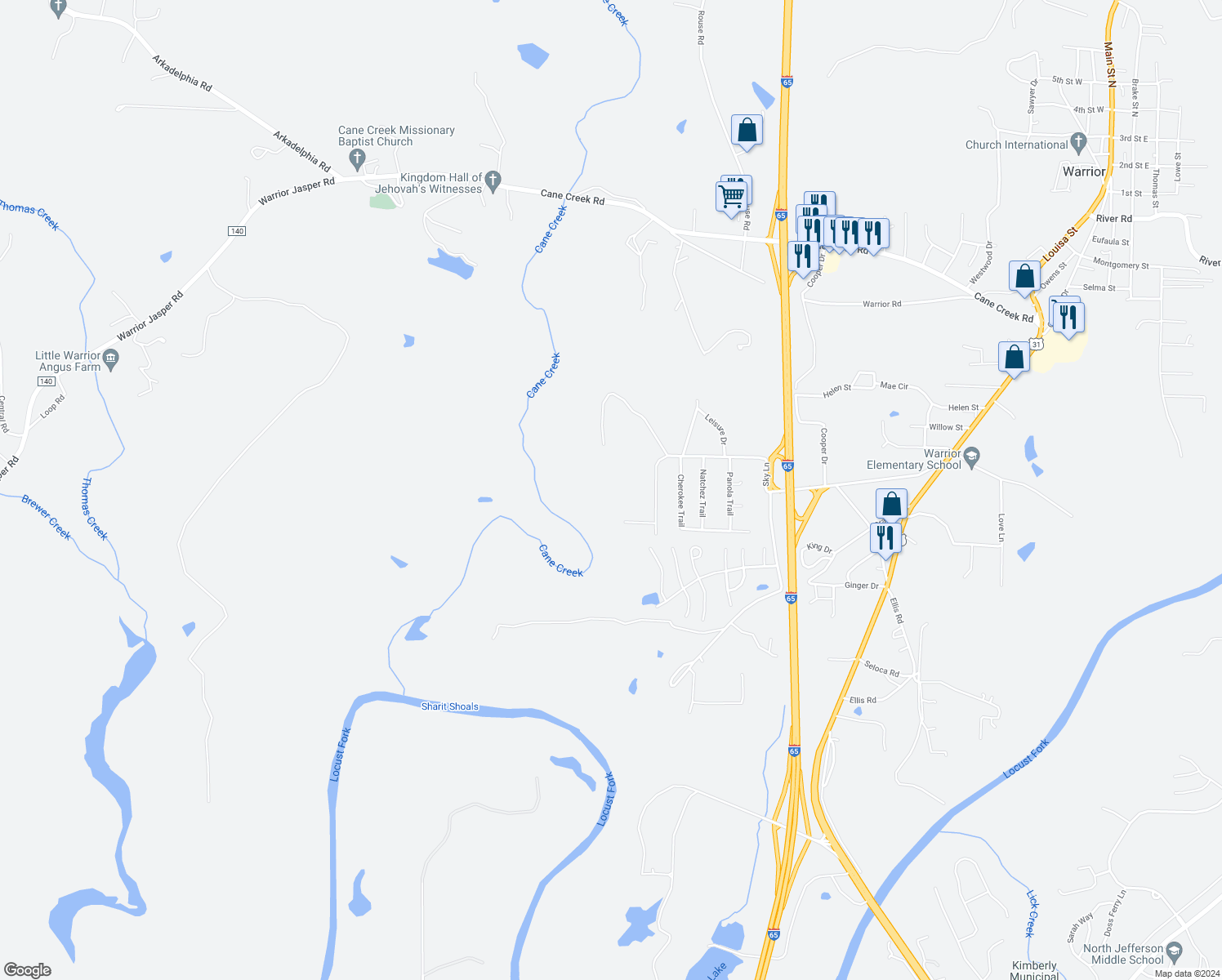 map of restaurants, bars, coffee shops, grocery stores, and more near 851 Hilltop Drive in Warrior