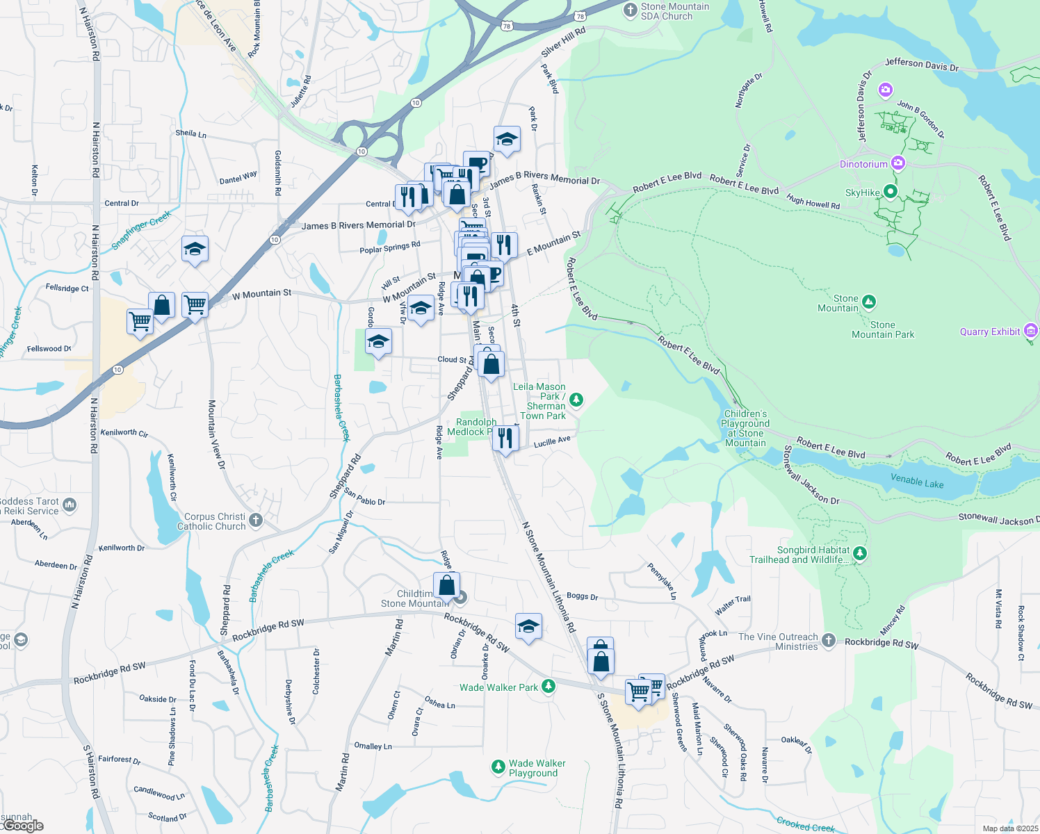 map of restaurants, bars, coffee shops, grocery stores, and more near 789 3rd Street in Stone Mountain