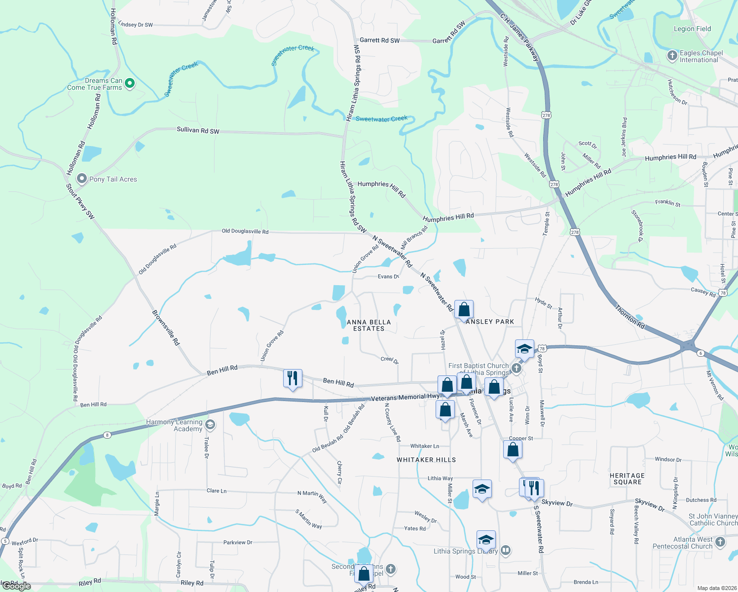 map of restaurants, bars, coffee shops, grocery stores, and more near 6335 Joanna Street in Lithia Springs