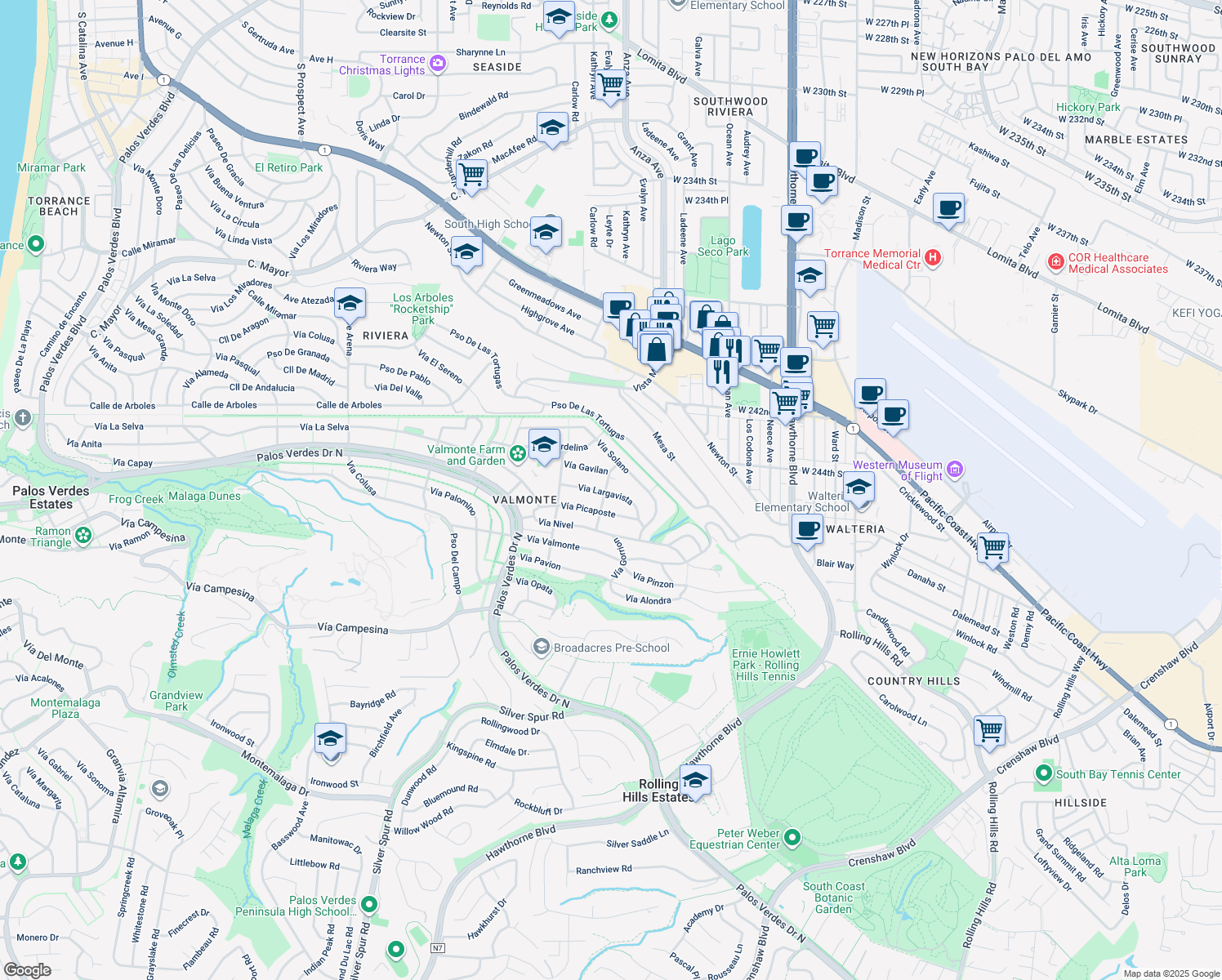 map of restaurants, bars, coffee shops, grocery stores, and more near 4101 Via Largavista in Palos Verdes Estates