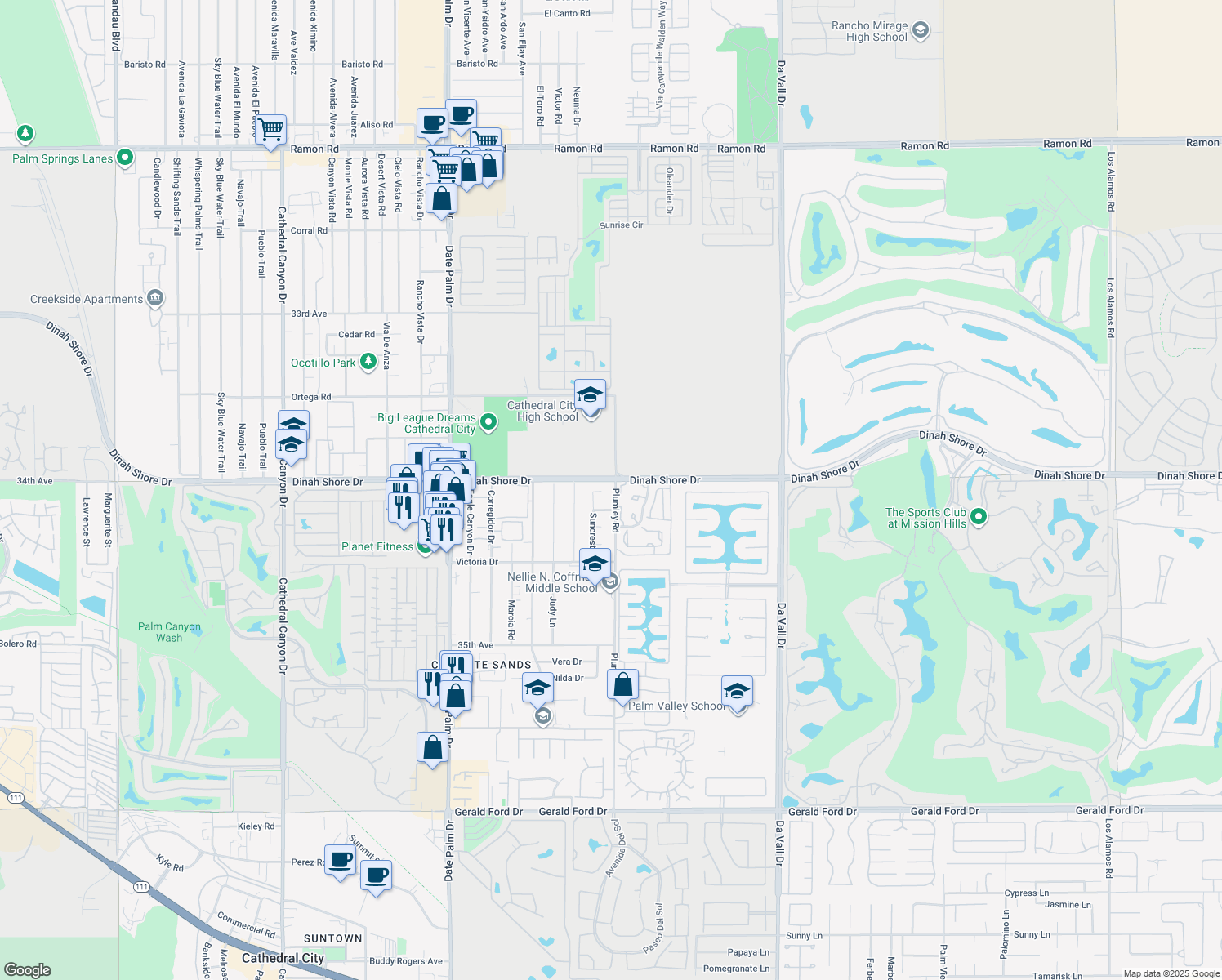 map of restaurants, bars, coffee shops, grocery stores, and more near 34061 Plumley Road in Cathedral City