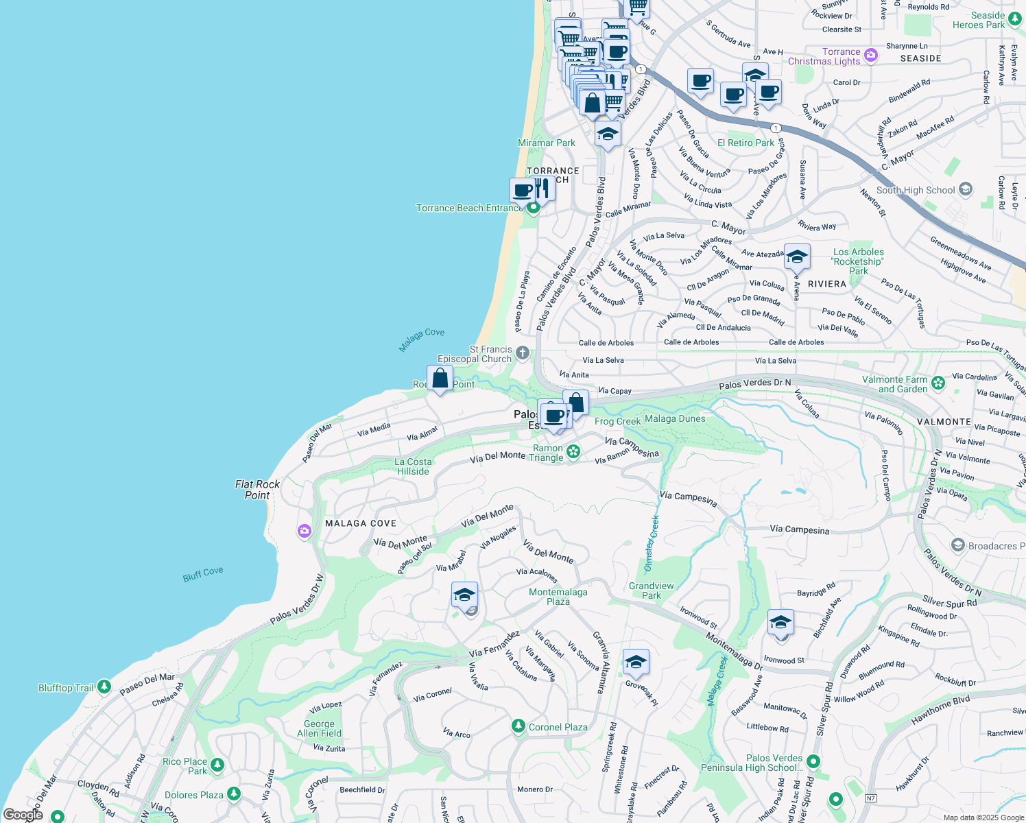 map of restaurants, bars, coffee shops, grocery stores, and more near 312 Vía Almar in Palos Verdes Estates
