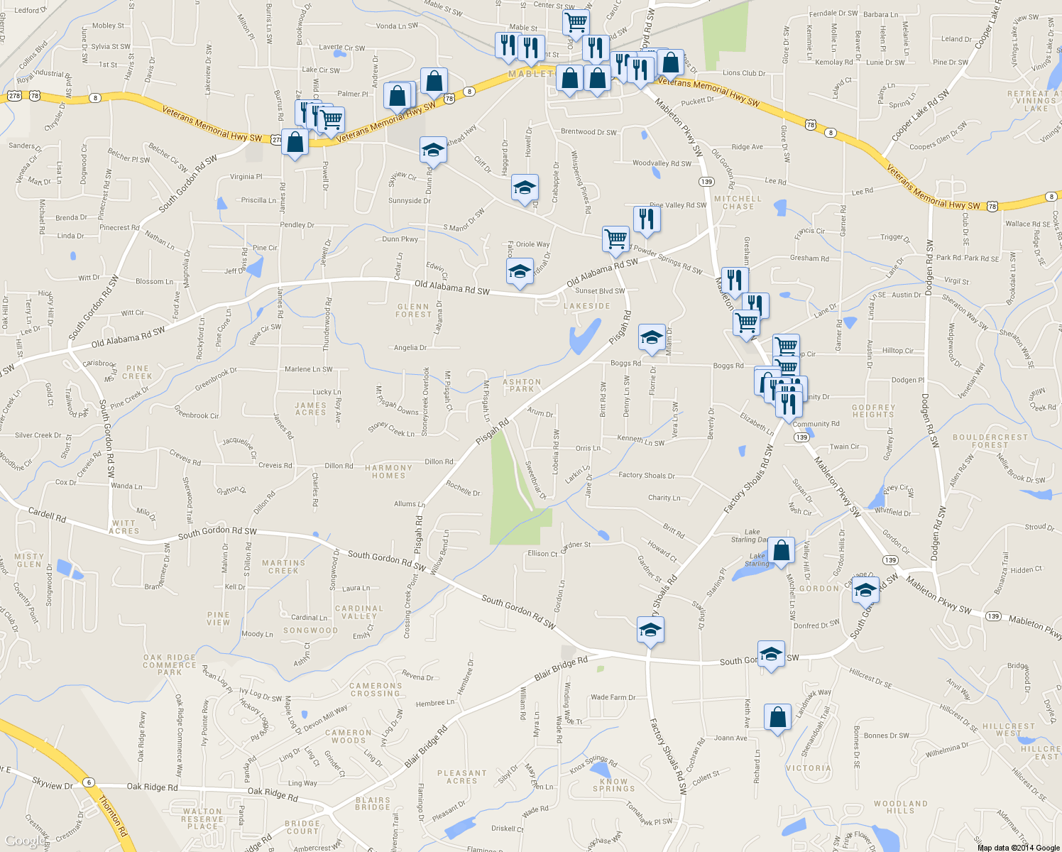 map of restaurants, bars, coffee shops, grocery stores, and more near 6280 Bennett Ln in Mableton