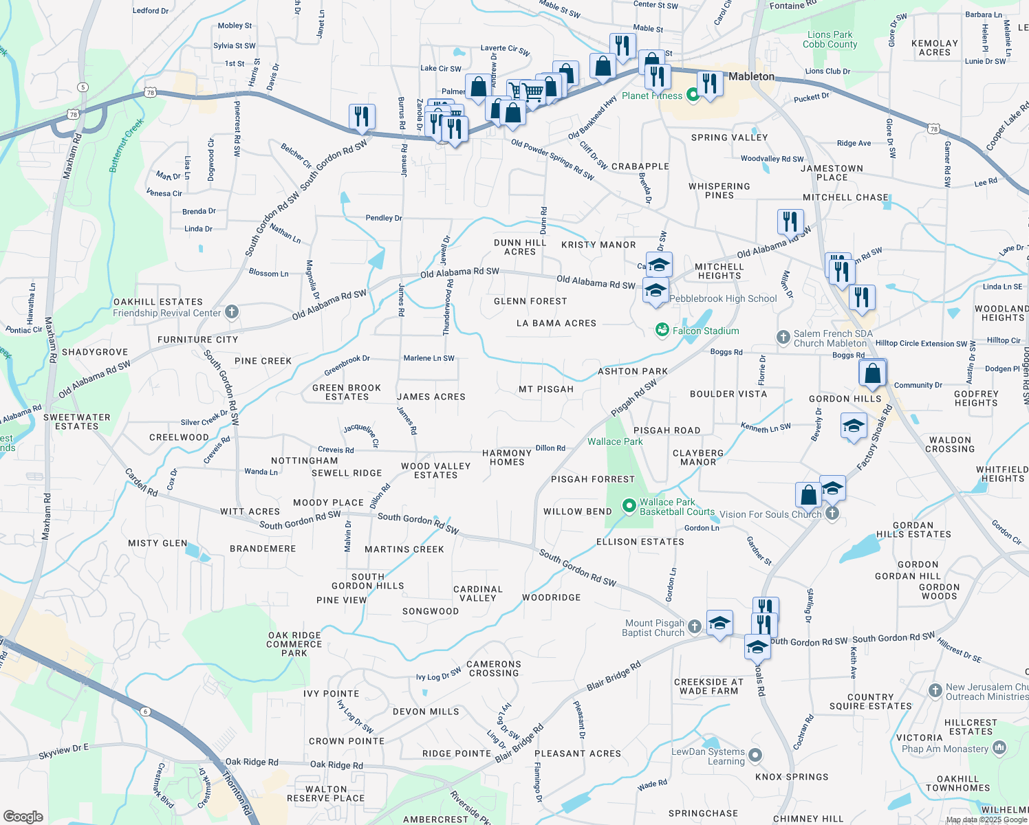 map of restaurants, bars, coffee shops, grocery stores, and more near 1000 Stoney Creek Ln in Austell