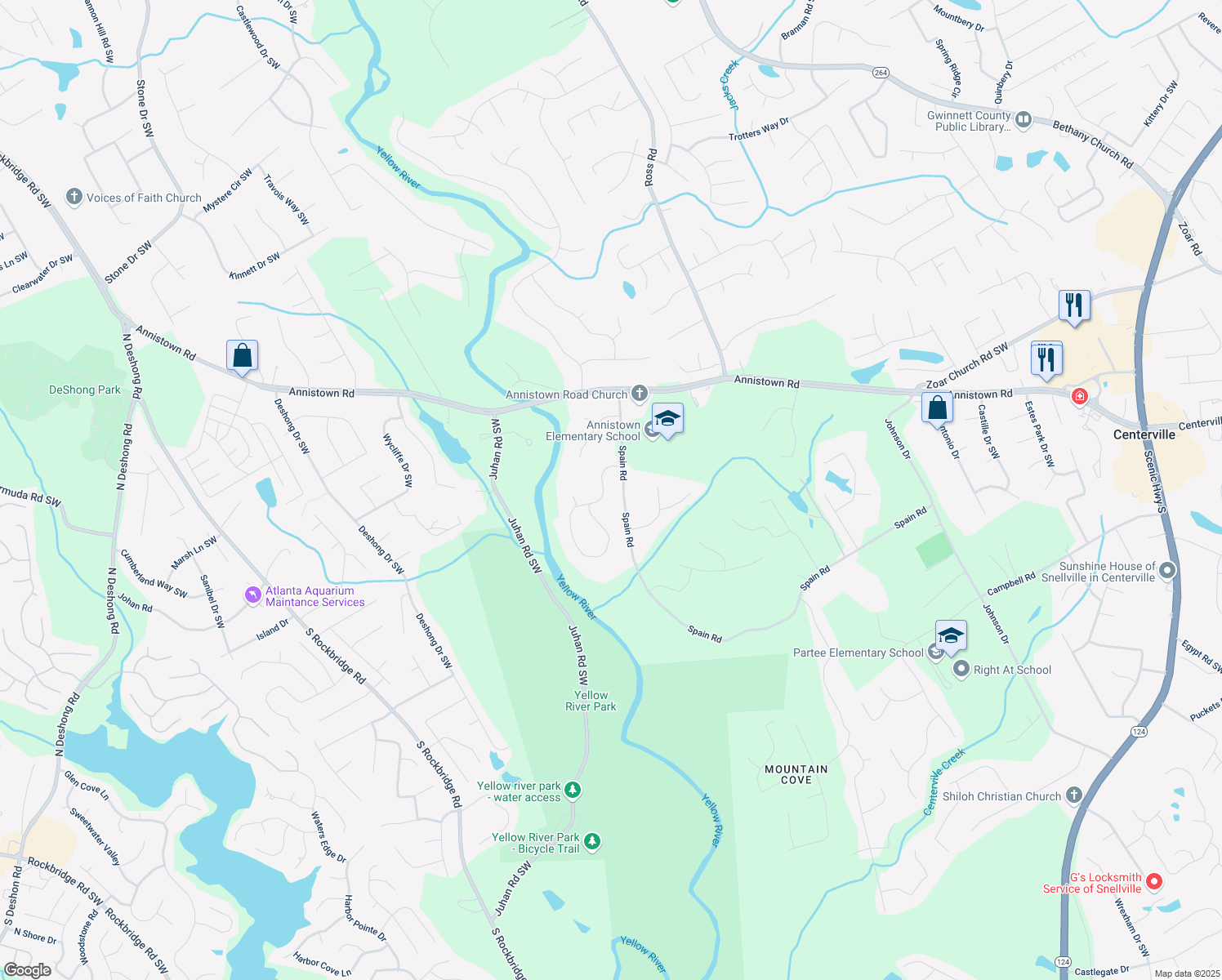 map of restaurants, bars, coffee shops, grocery stores, and more near 4650 Riversound Drive in Snellville