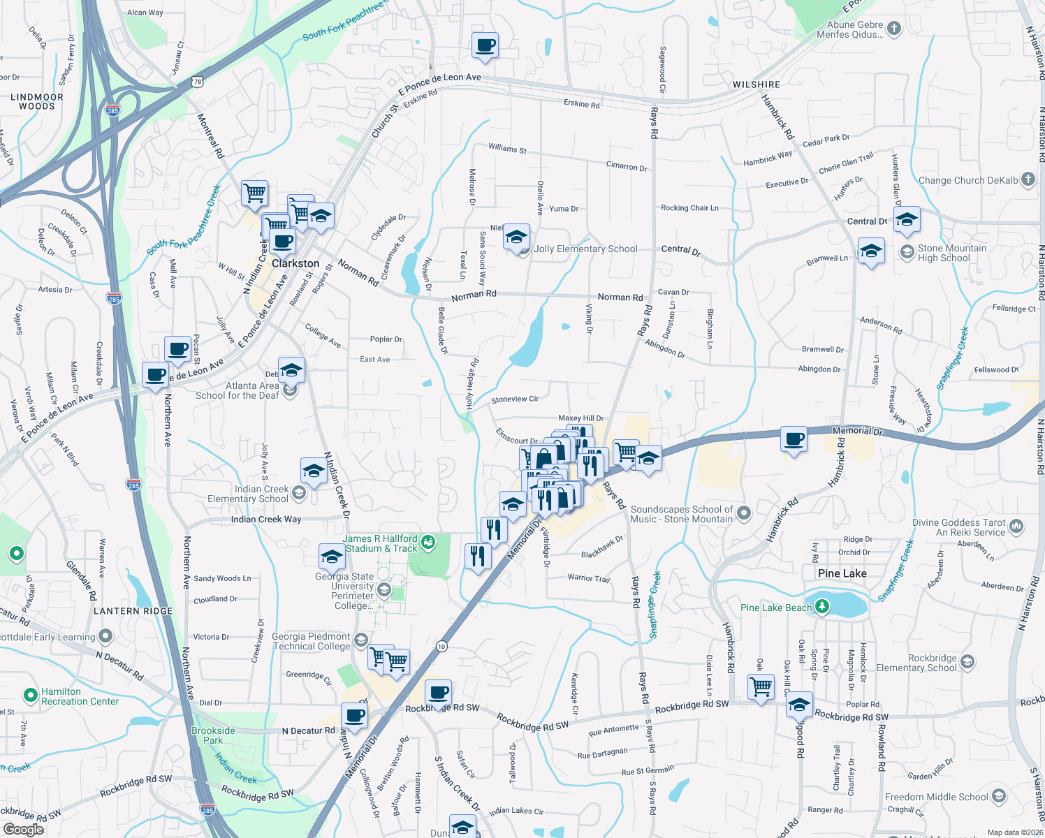 map of restaurants, bars, coffee shops, grocery stores, and more near 4001 Maxey Hill Dr in Stone Mountain