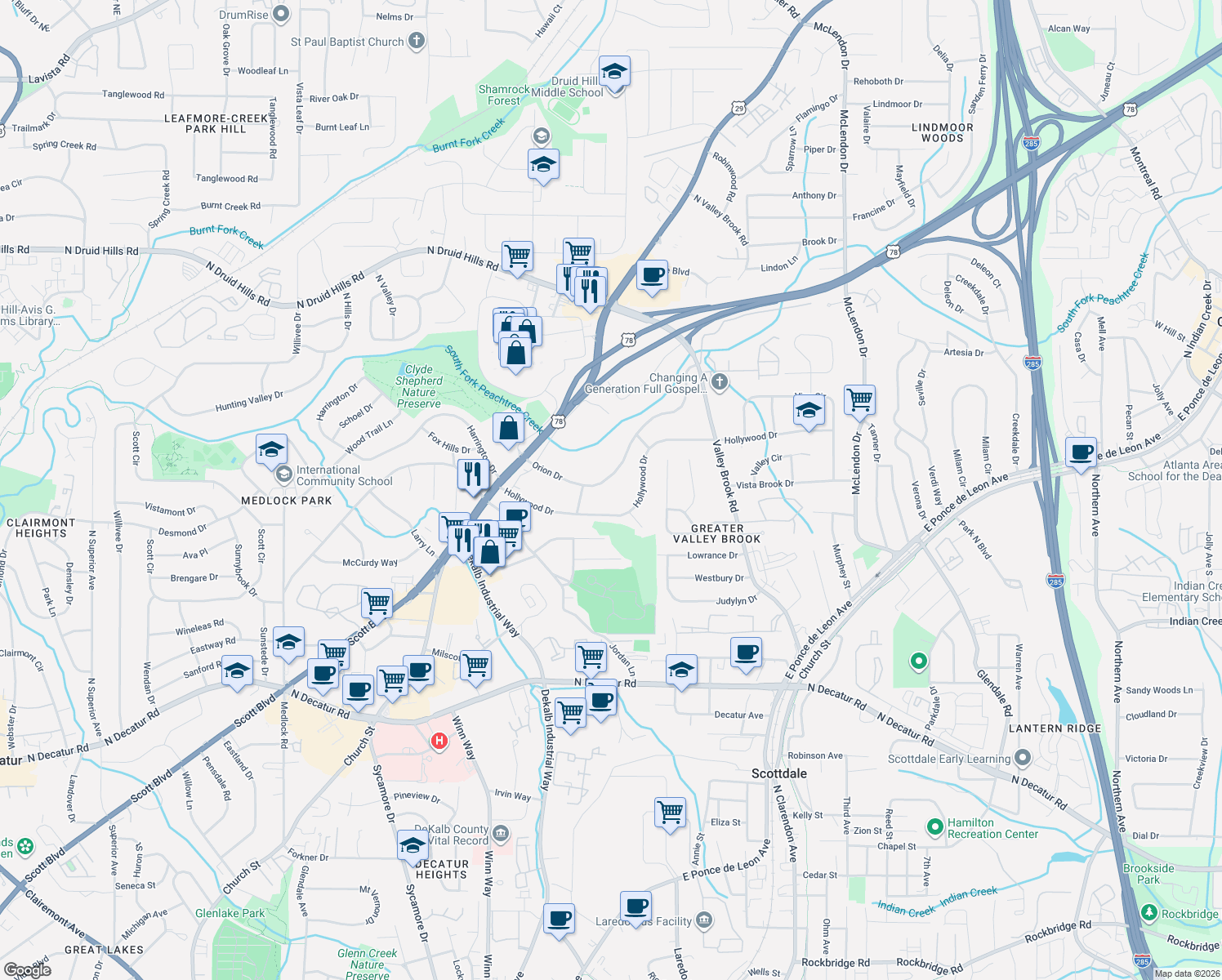 map of restaurants, bars, coffee shops, grocery stores, and more near 2833 Orion Drive in Decatur