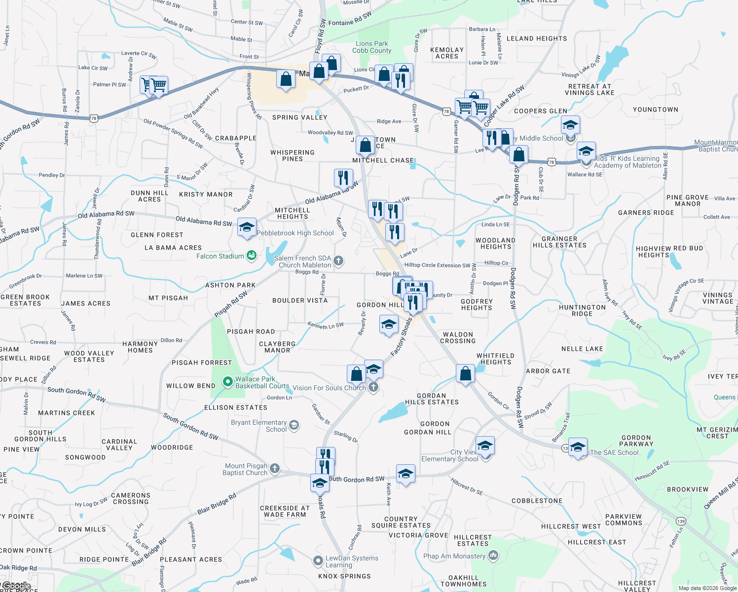 map of restaurants, bars, coffee shops, grocery stores, and more near 590 Elizabeth Ln SW in Mableton