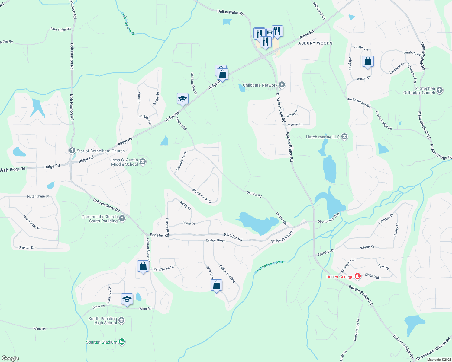 map of restaurants, bars, coffee shops, grocery stores, and more near 674 Denton Road in Douglasville