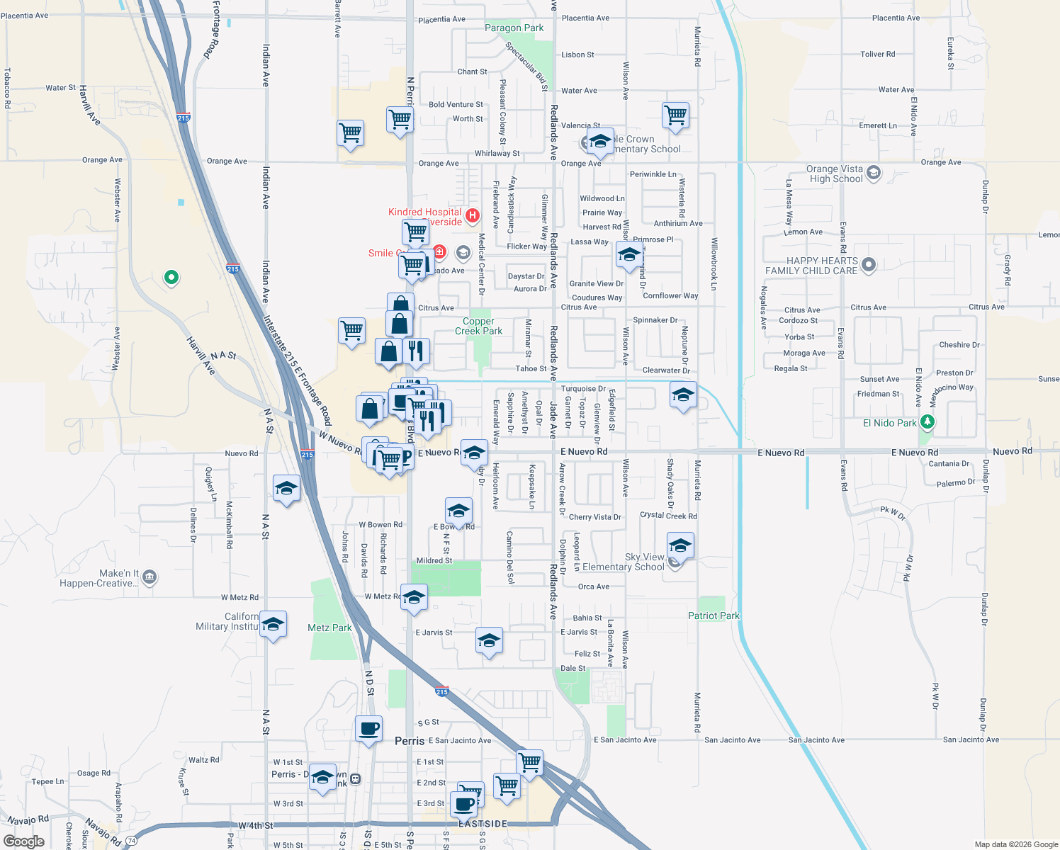 map of restaurants, bars, coffee shops, grocery stores, and more near 1681 Amethyst Drive in Perris