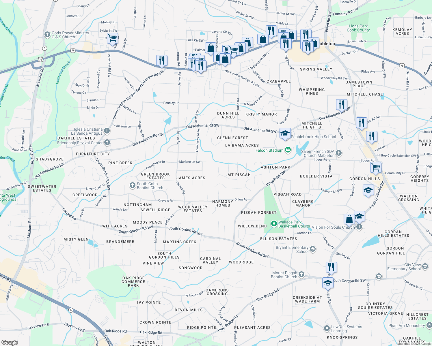 map of restaurants, bars, coffee shops, grocery stores, and more near 1265 Mount Pisgah Downs in Austell
