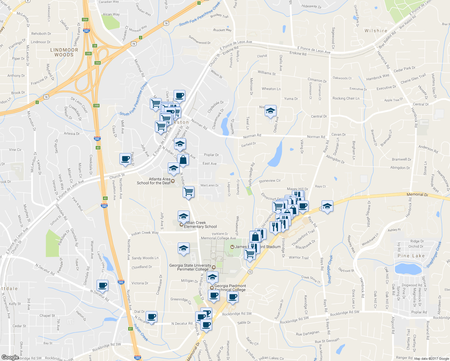 map of restaurants, bars, coffee shops, grocery stores, and more near 862 Lagoon Court in Stone Mountain