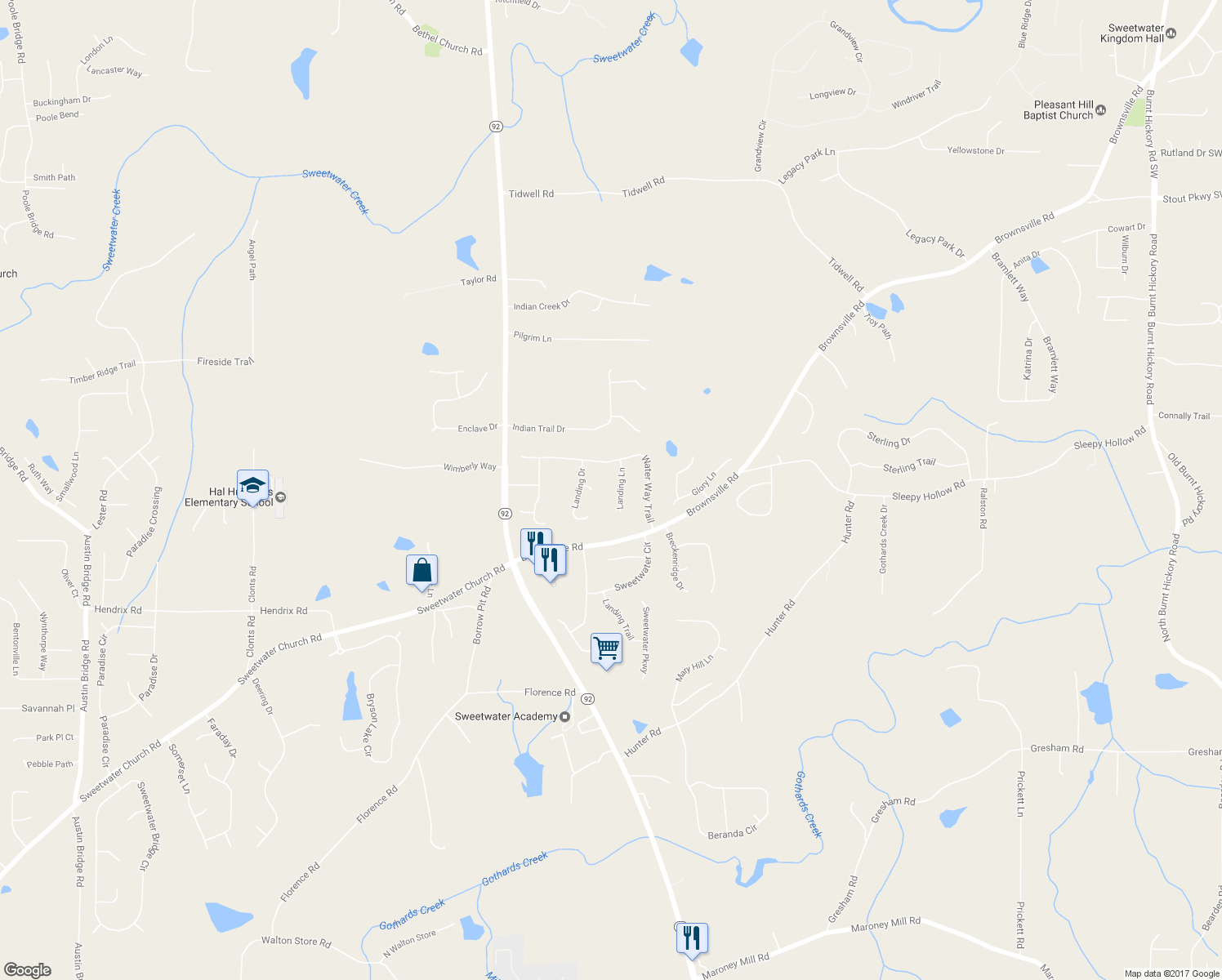 map of restaurants, bars, coffee shops, grocery stores, and more near 98 Landing Lane in Powder Springs