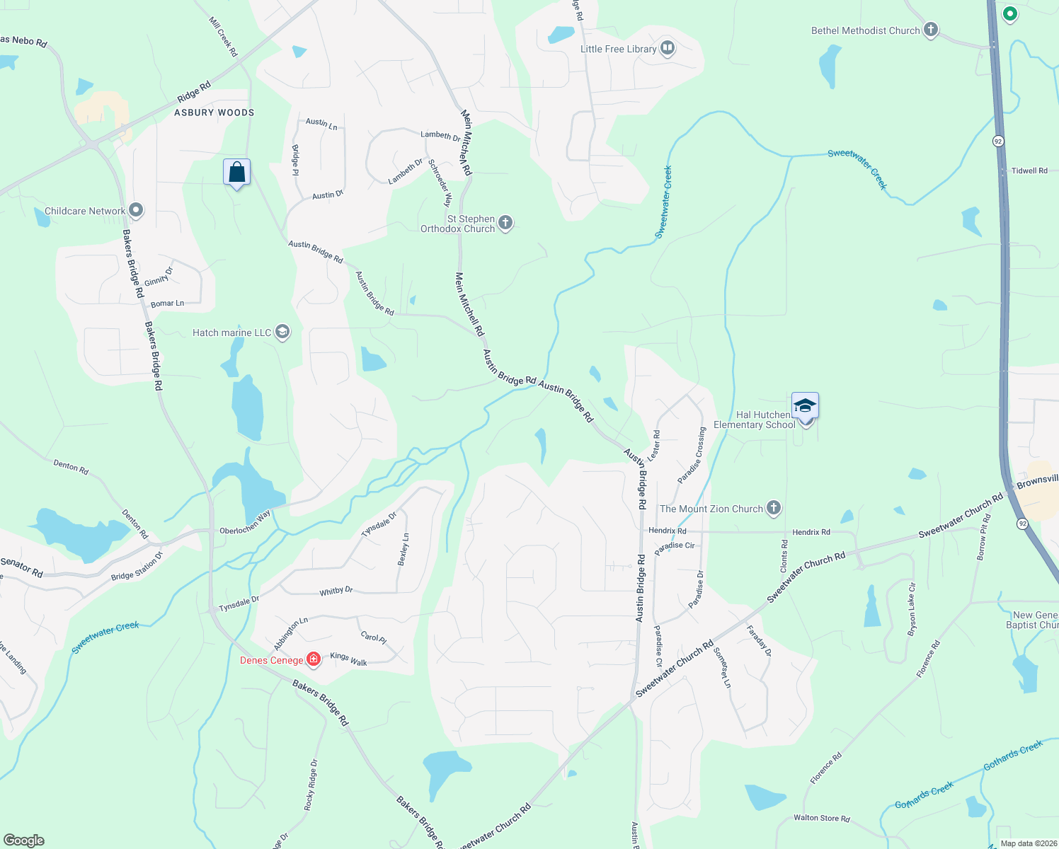 map of restaurants, bars, coffee shops, grocery stores, and more near 1824 Austin Bridge Road in Douglasville