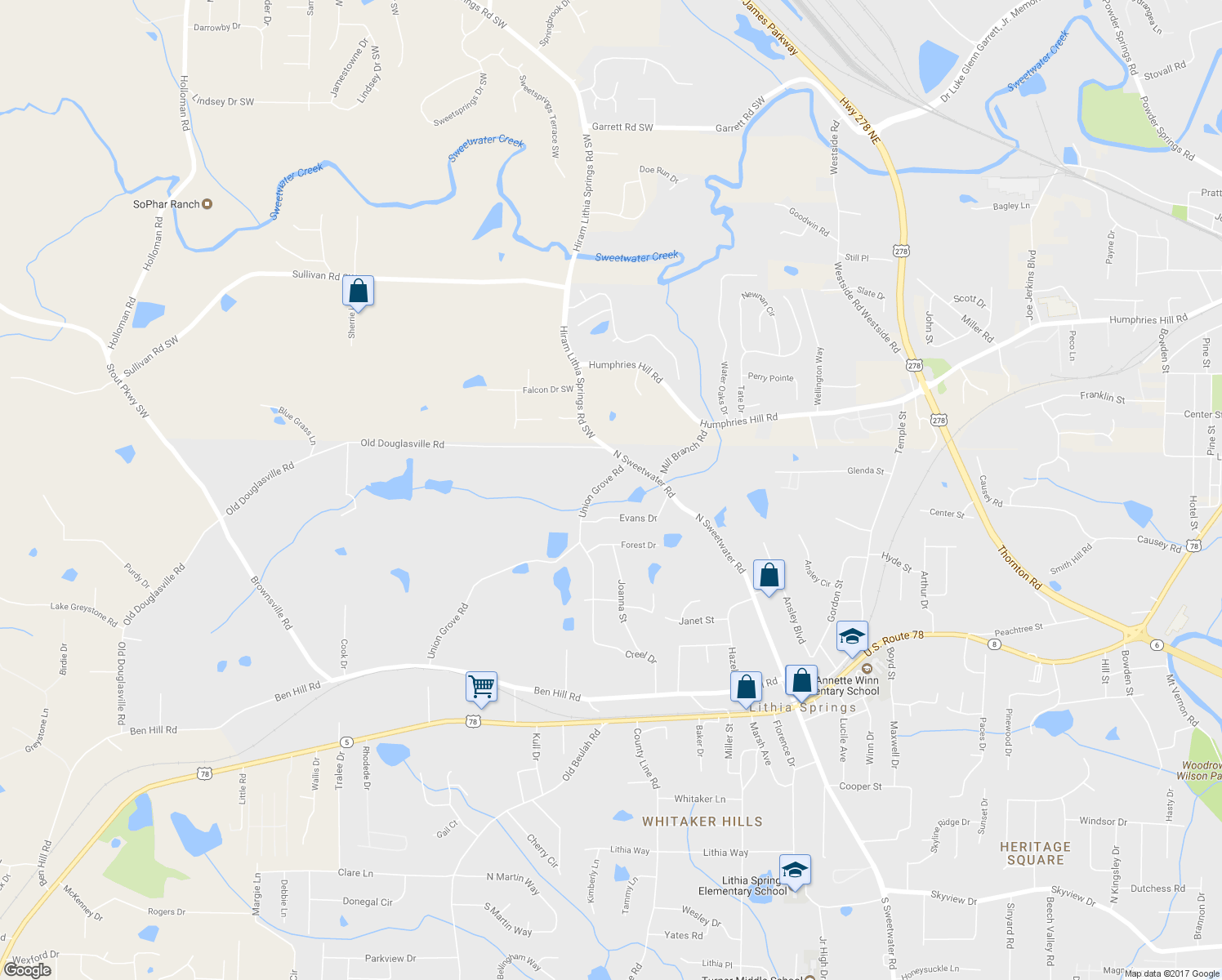 map of restaurants, bars, coffee shops, grocery stores, and more near 6222 Union Grove Road in Lithia Springs