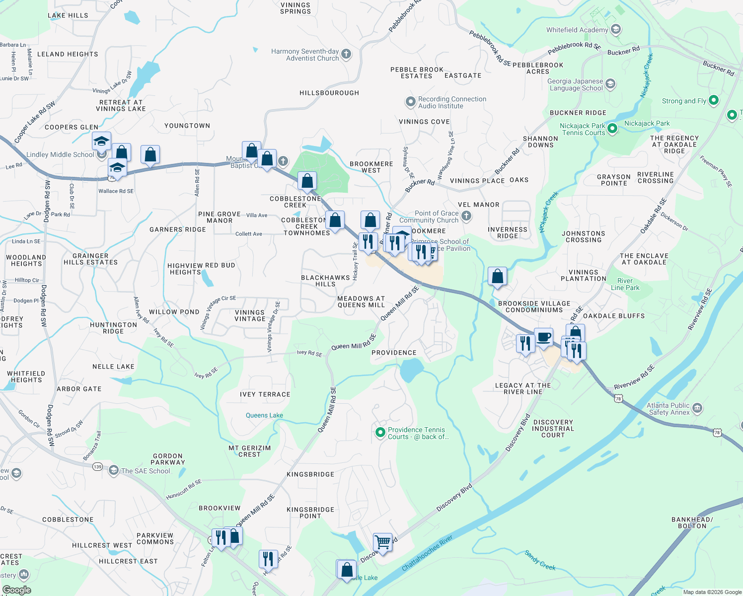 map of restaurants, bars, coffee shops, grocery stores, and more near 883 Brickleridge Ln SE in Mableton