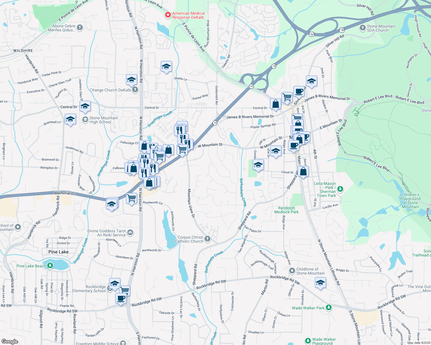 map of restaurants, bars, coffee shops, grocery stores, and more near 874 Meadow Rock Dr in Stone Mountain