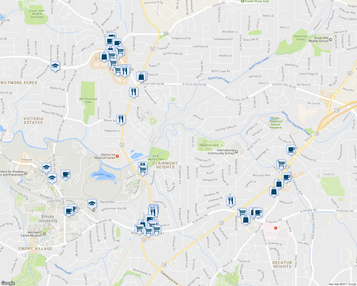 map of restaurants, bars, coffee shops, grocery stores, and more near 892 North Superior Avenue in Decatur