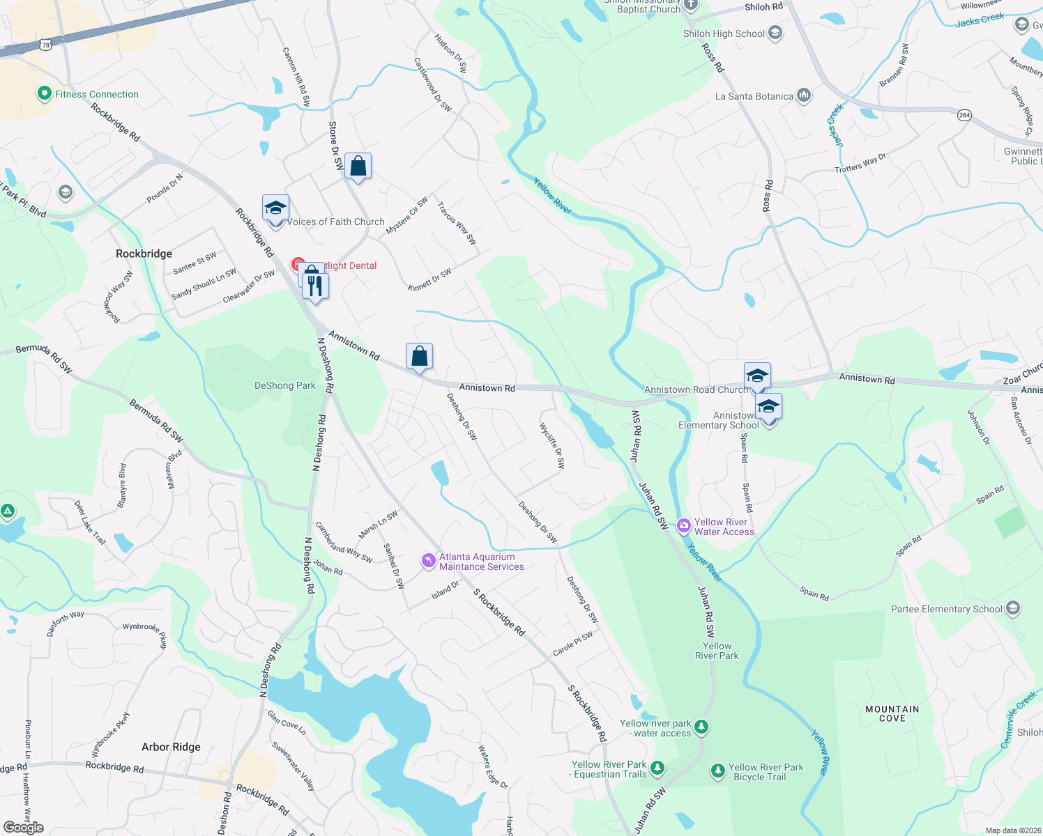 map of restaurants, bars, coffee shops, grocery stores, and more near 4885 Manor Drive Southwest in Stone Mountain