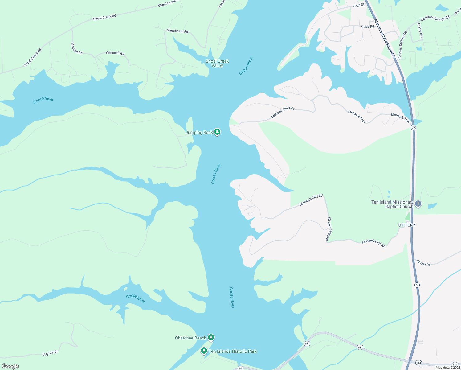 map of restaurants, bars, coffee shops, grocery stores, and more near 2040 Mohawk Cliff Road in Ohatchee