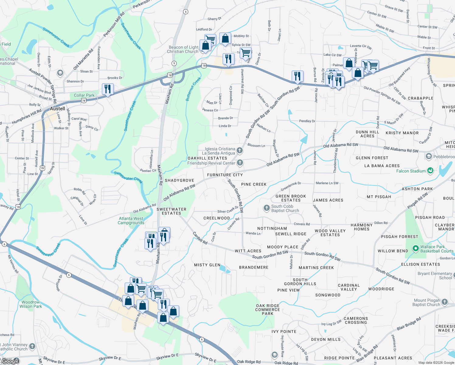 map of restaurants, bars, coffee shops, grocery stores, and more near 6187 Grovecrest Way Southwest in Austell