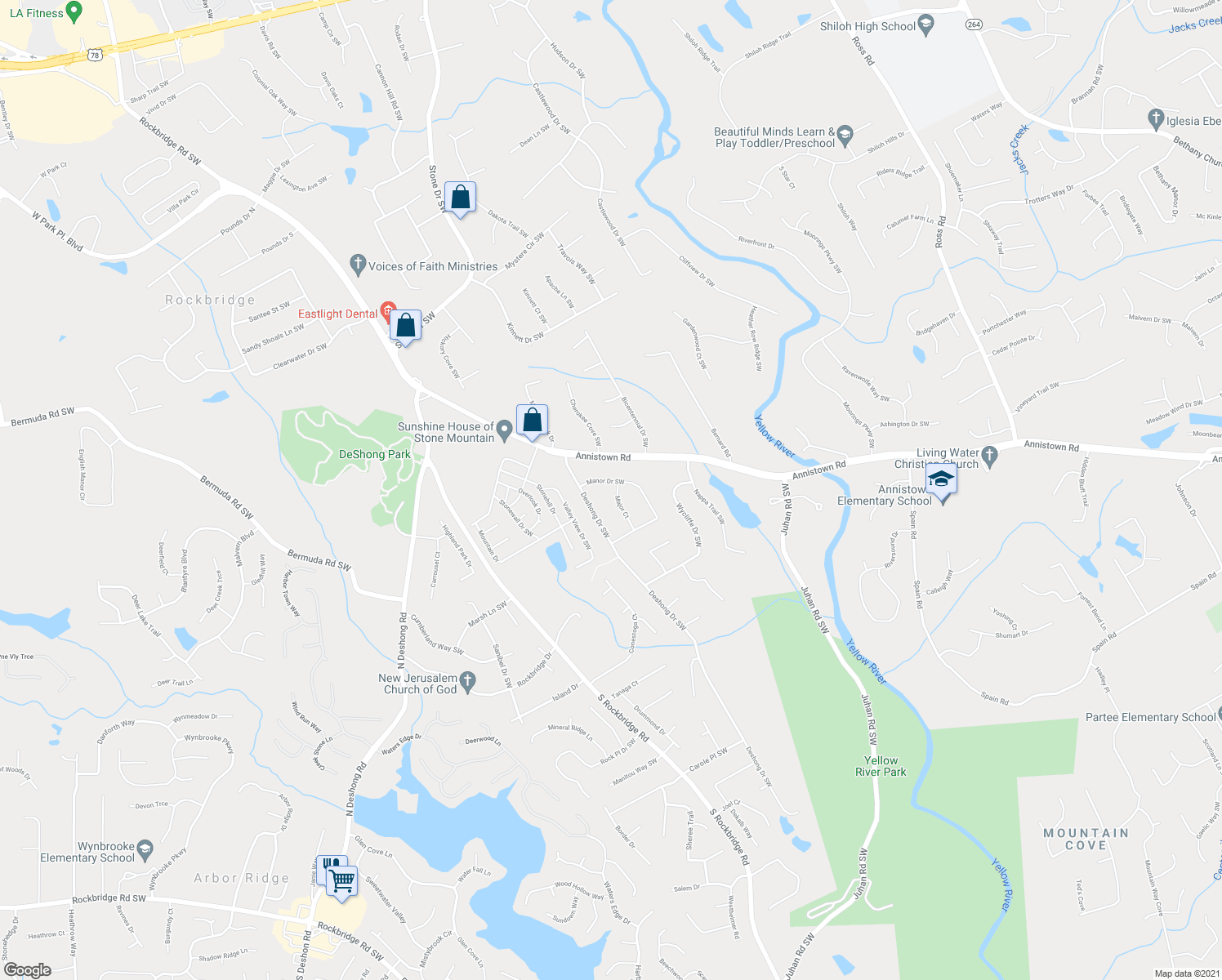 map of restaurants, bars, coffee shops, grocery stores, and more near 4974 Manor Drive Southwest in Stone Mountain
