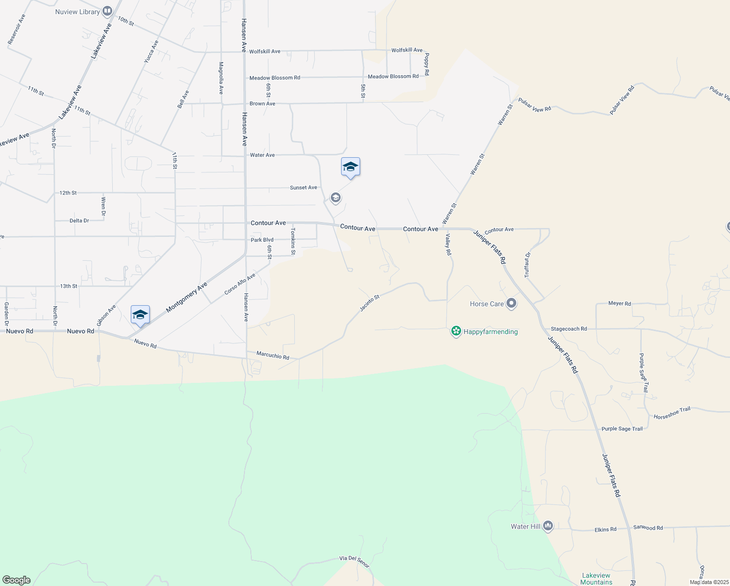 map of restaurants, bars, coffee shops, grocery stores, and more near Mather Lane in Nuevo