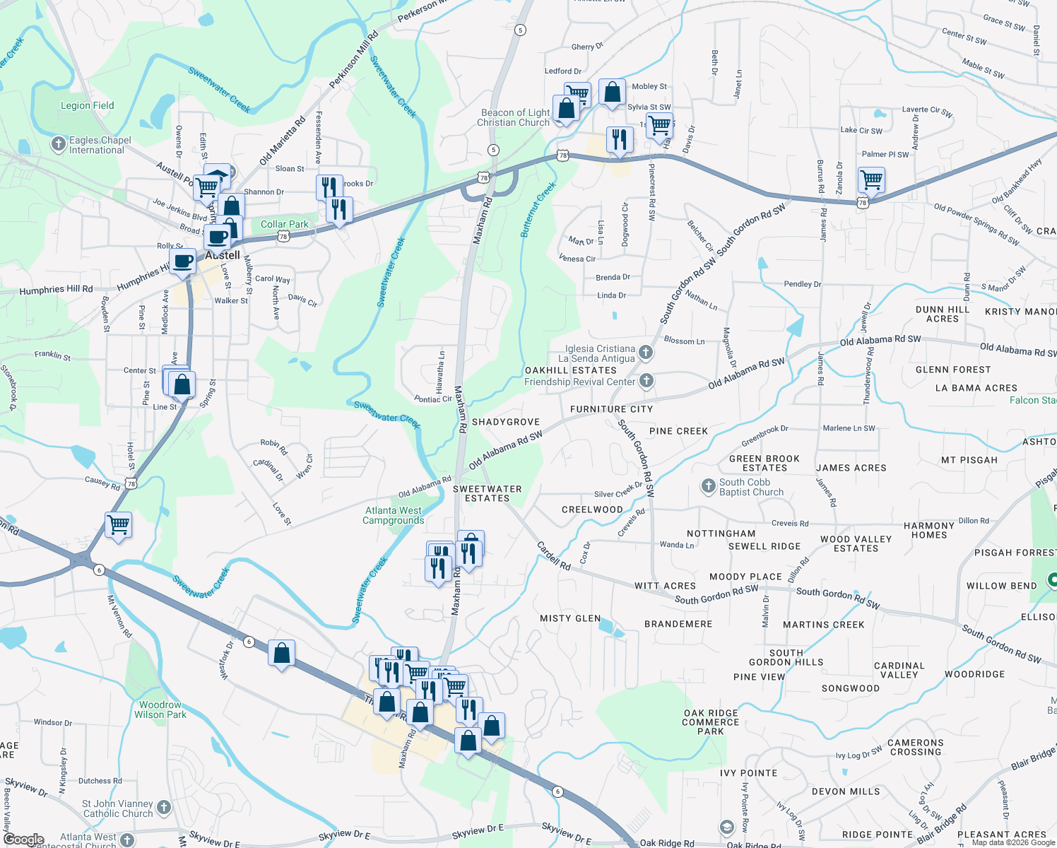 map of restaurants, bars, coffee shops, grocery stores, and more near 6175 Shadygrove Ridge Southwest in Austell