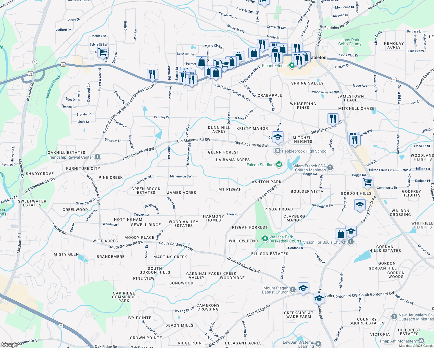 map of restaurants, bars, coffee shops, grocery stores, and more near 6181 Stoney Cove in Austell