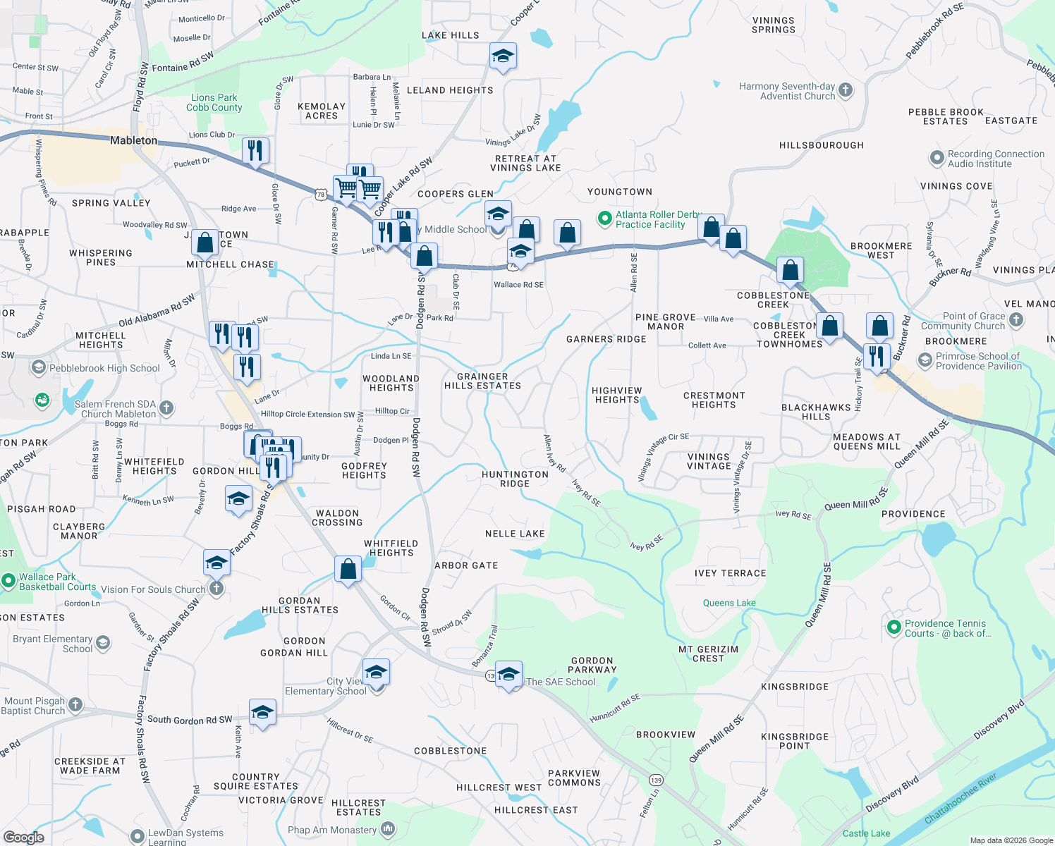 map of restaurants, bars, coffee shops, grocery stores, and more near 85 Regency Way Southeast in Mableton