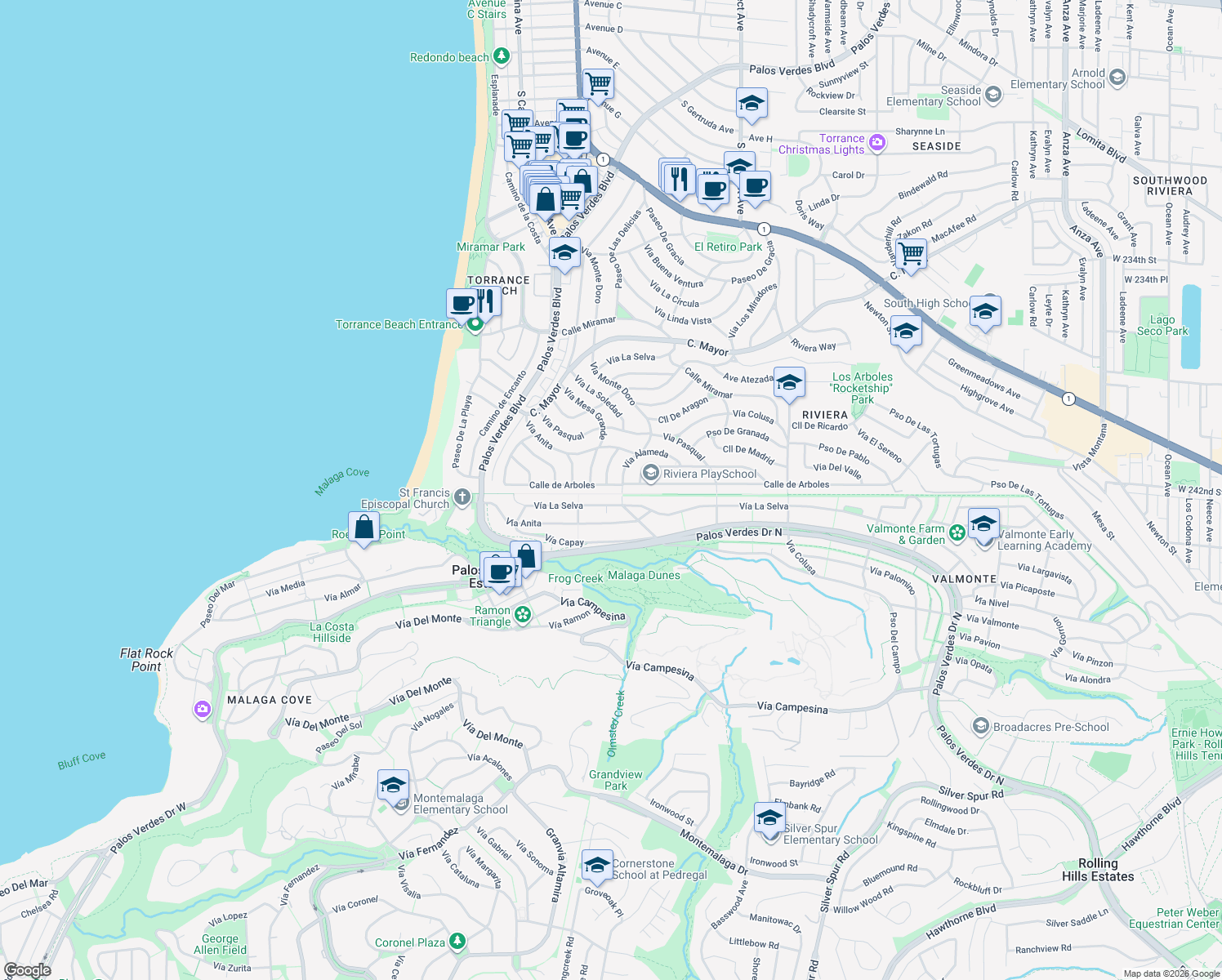 map of restaurants, bars, coffee shops, grocery stores, and more near 422 Calle de Arboles in Redondo Beach