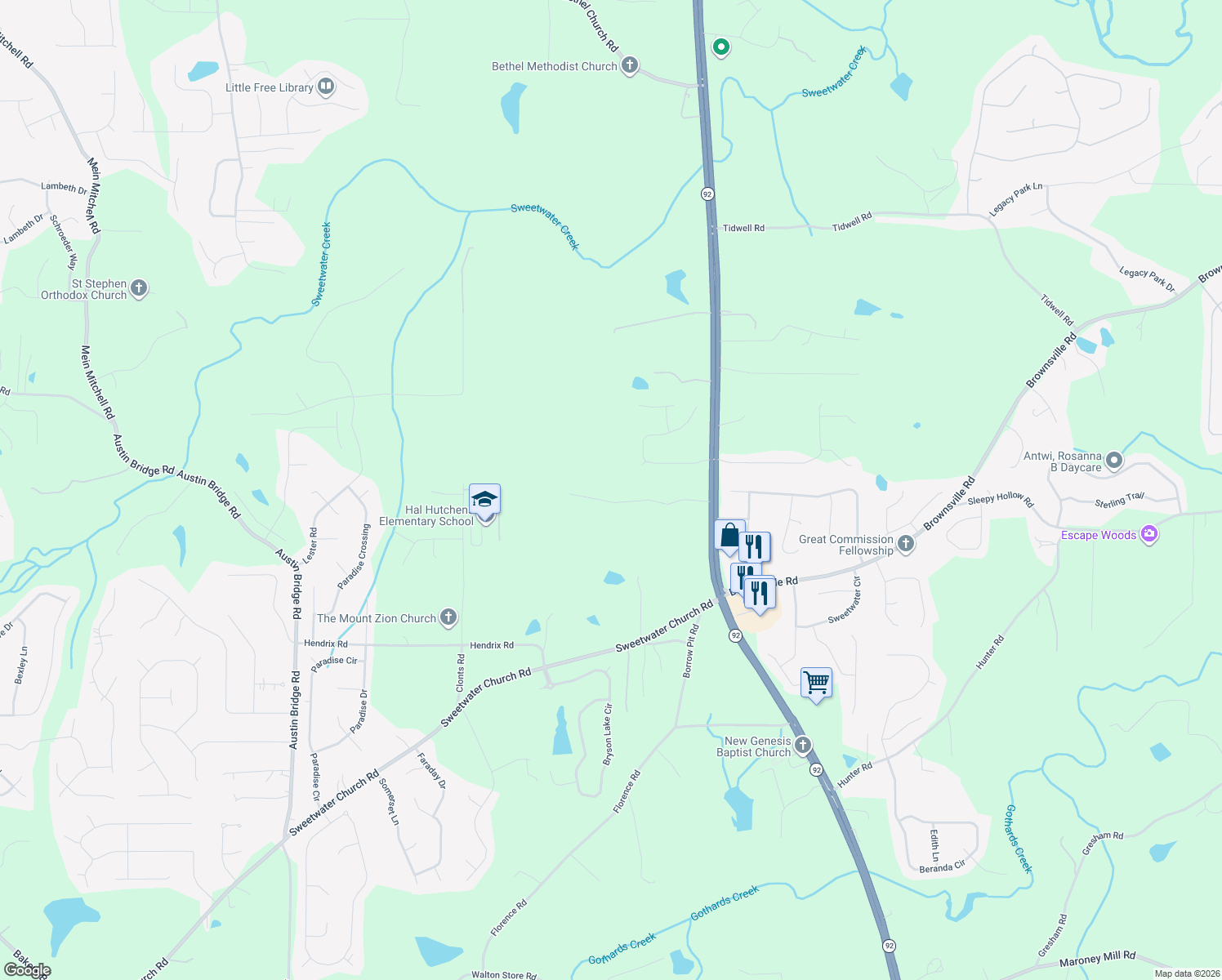 map of restaurants, bars, coffee shops, grocery stores, and more near 316 Wimberly Way in Powder Springs