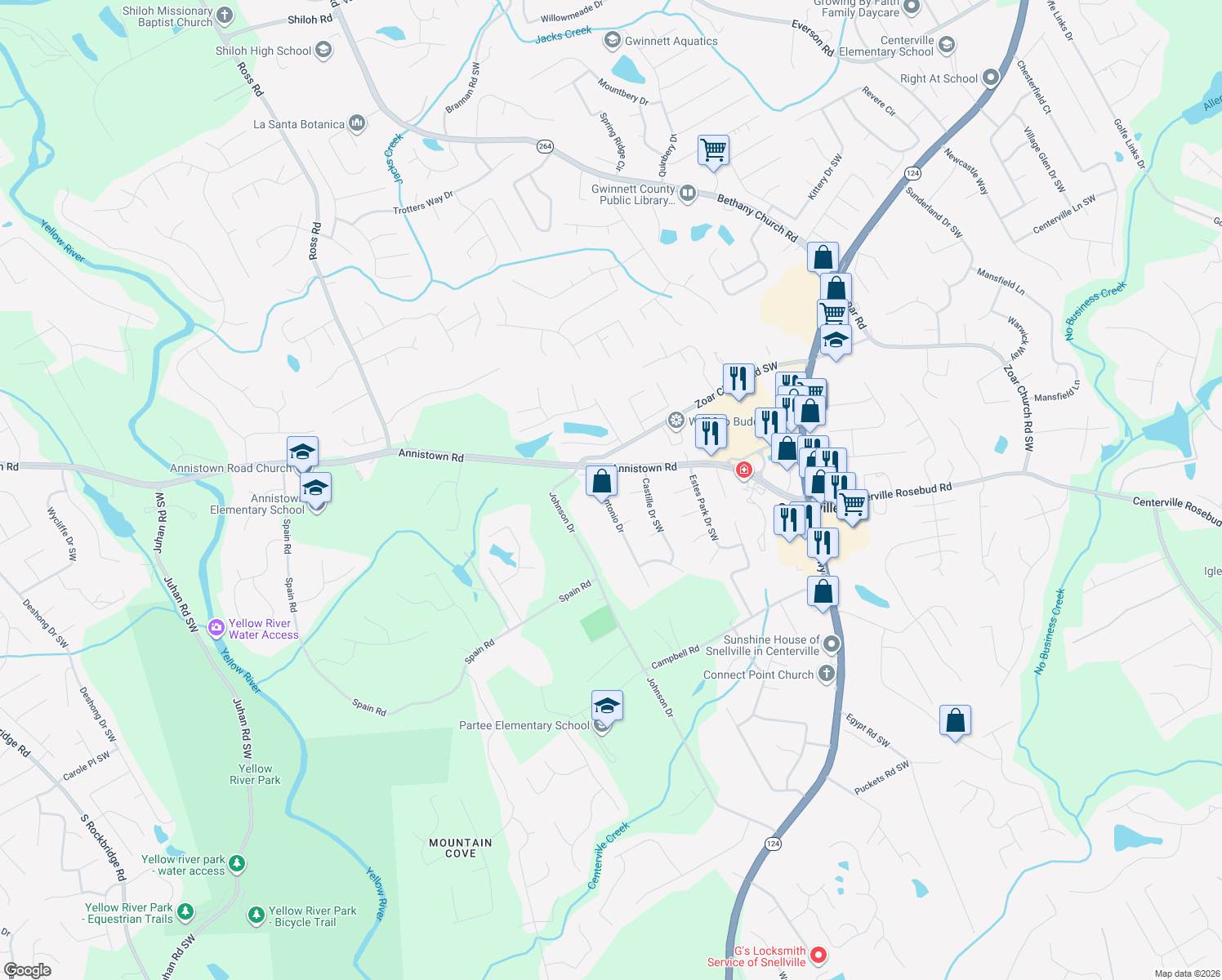 map of restaurants, bars, coffee shops, grocery stores, and more near 3336 San Antonio Dr in Snellville