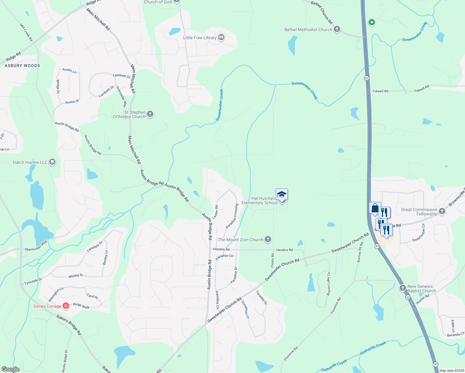 map of restaurants, bars, coffee shops, grocery stores, and more near 325 Lester Rd in Douglasville
