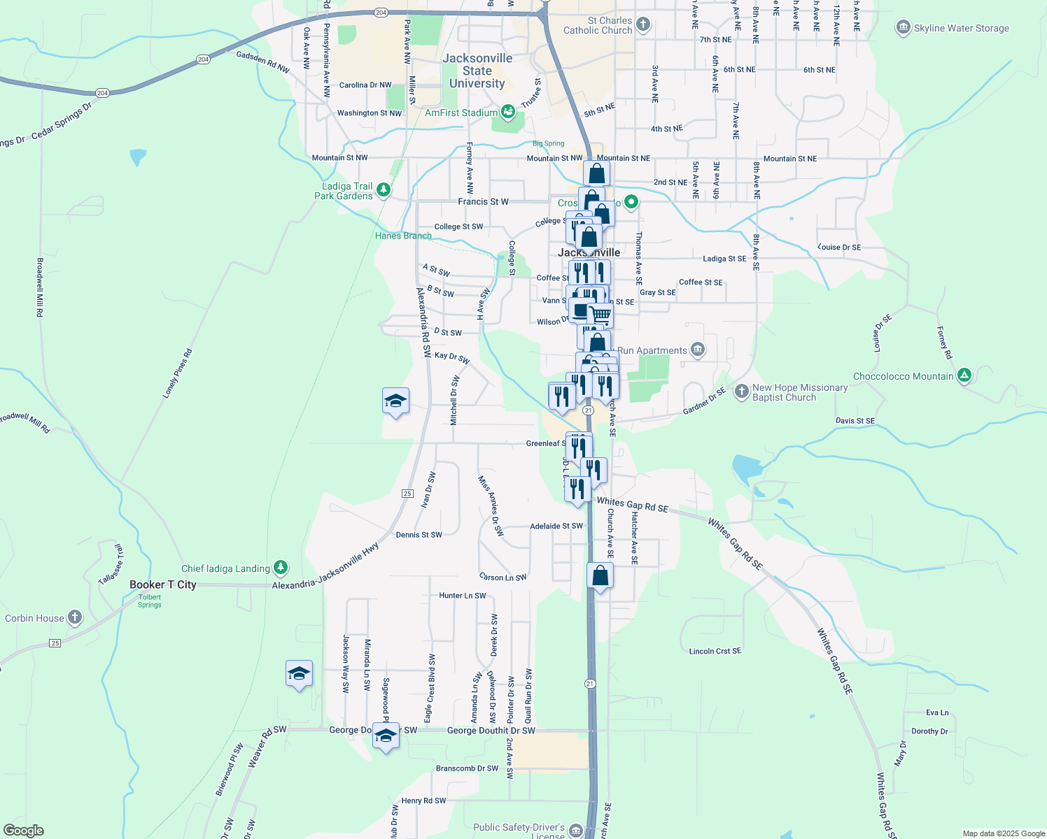 map of restaurants, bars, coffee shops, grocery stores, and more near 2132 Finley Street Southwest in Jacksonville