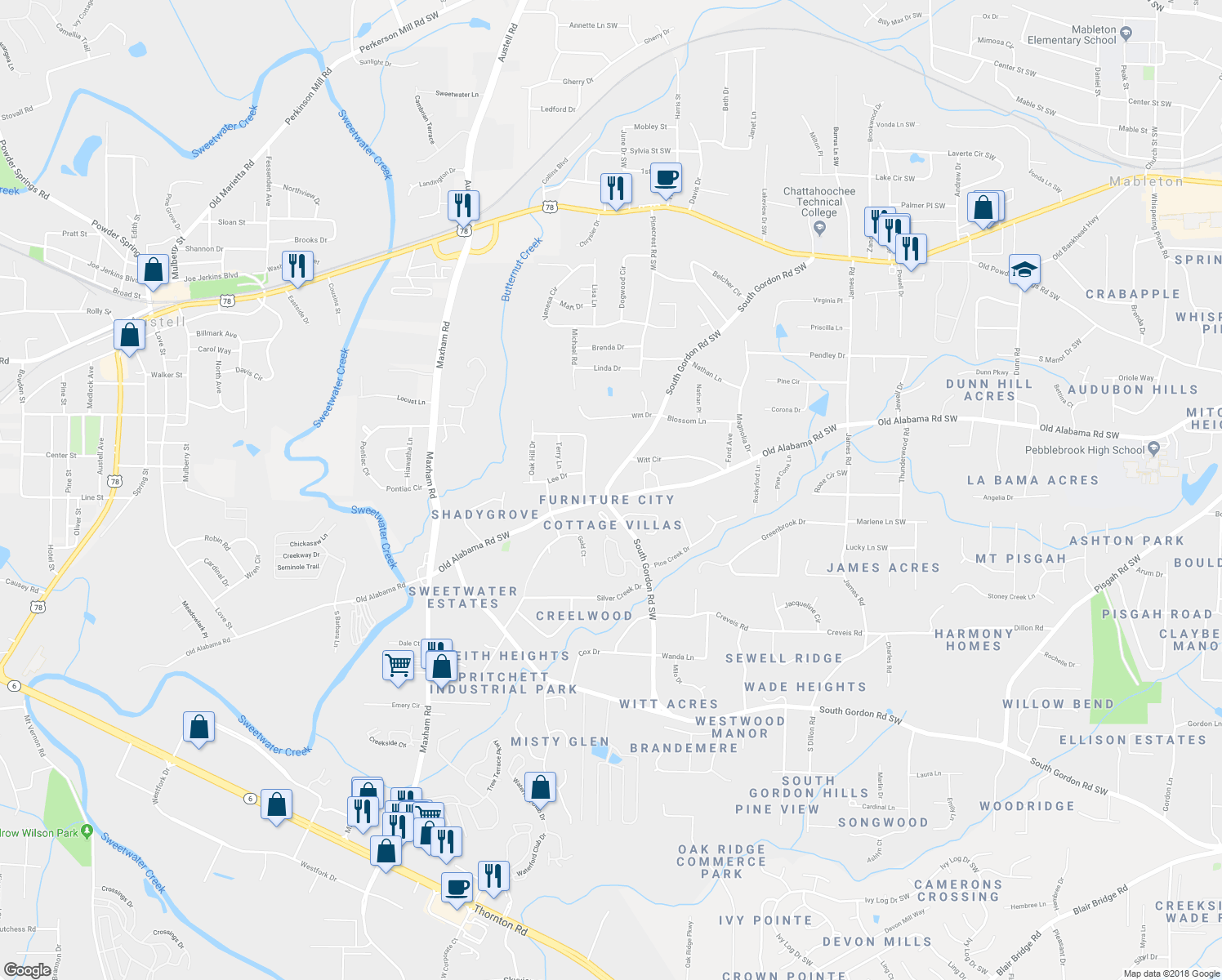 map of restaurants, bars, coffee shops, grocery stores, and more near 6121 South Gordon Road Southwest in Austell