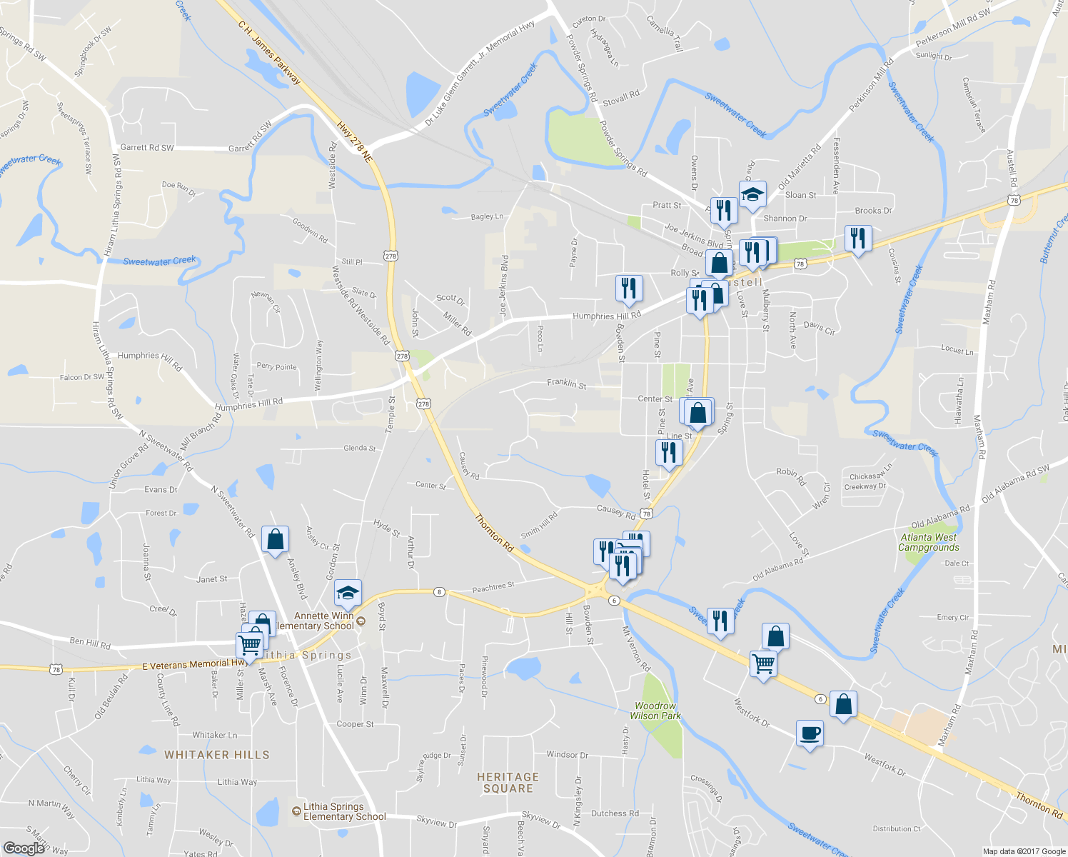 map of restaurants, bars, coffee shops, grocery stores, and more near 2105 Stonebrook Drive in Austell
