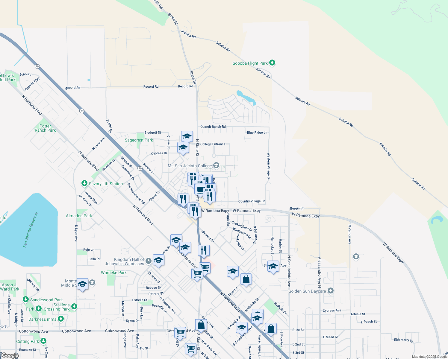 map of restaurants, bars, coffee shops, grocery stores, and more near 1396 Bushy Tail Trail in San Jacinto