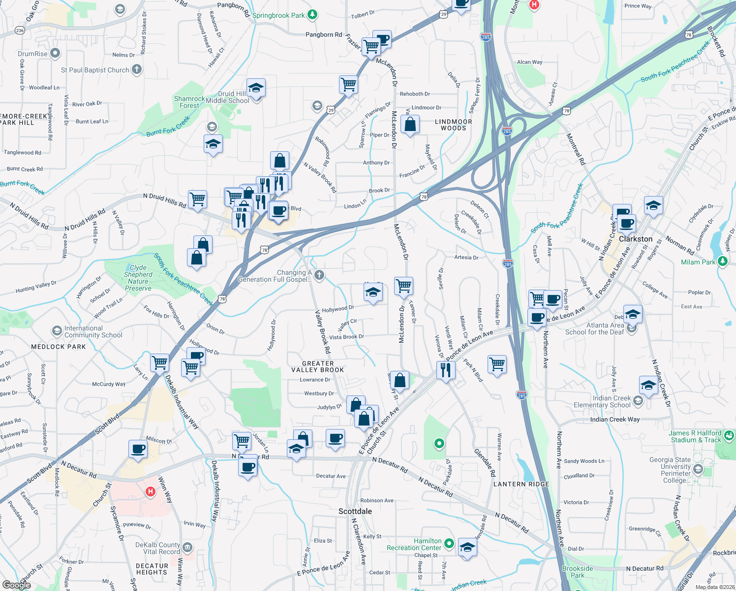 map of restaurants, bars, coffee shops, grocery stores, and more near 924 Greenbriar Place in Decatur