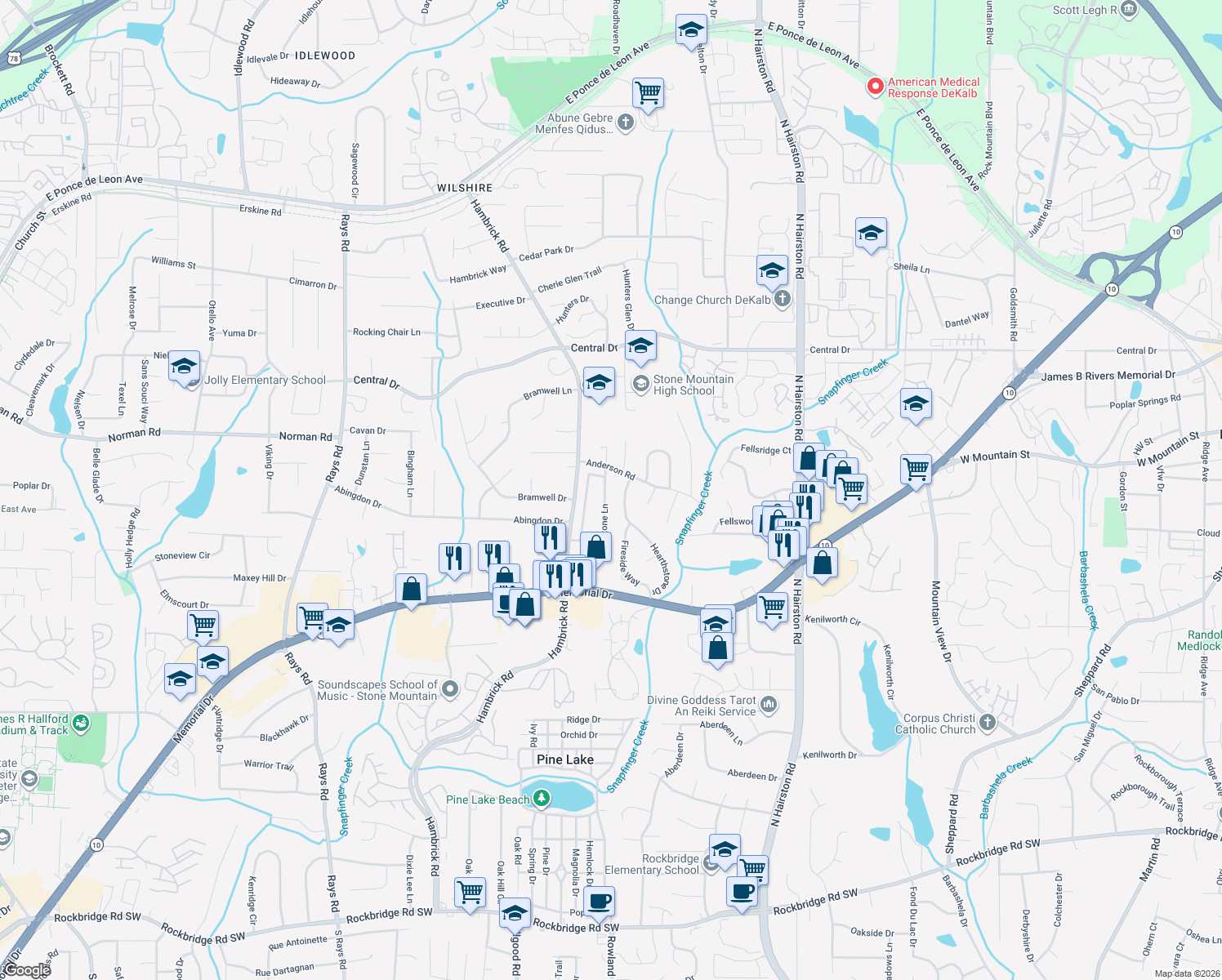 map of restaurants, bars, coffee shops, grocery stores, and more near 4675 Stone Ln in Stone Mountain